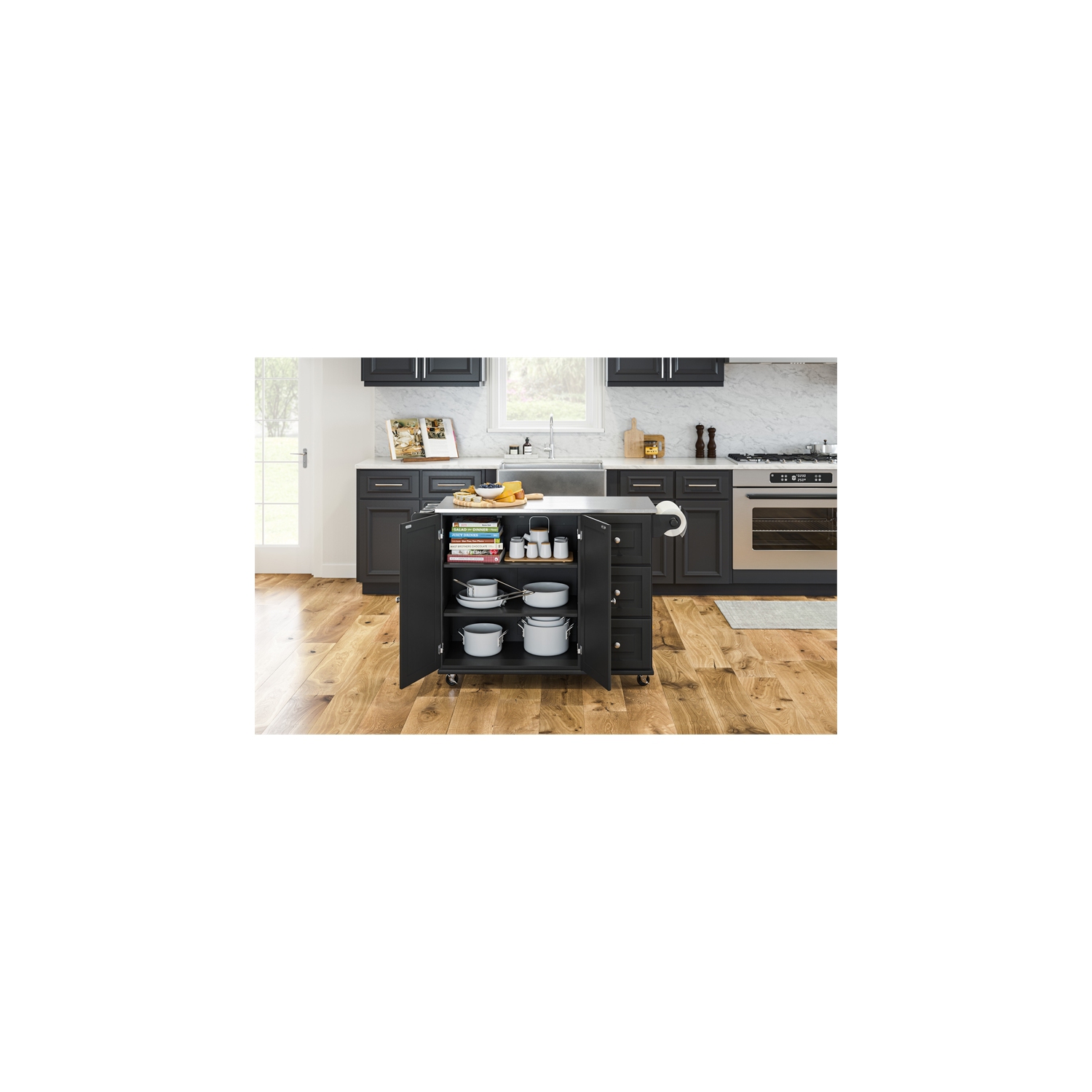 Pemberly Row Modern / Contemporary Wood Kitchen Cart in Black