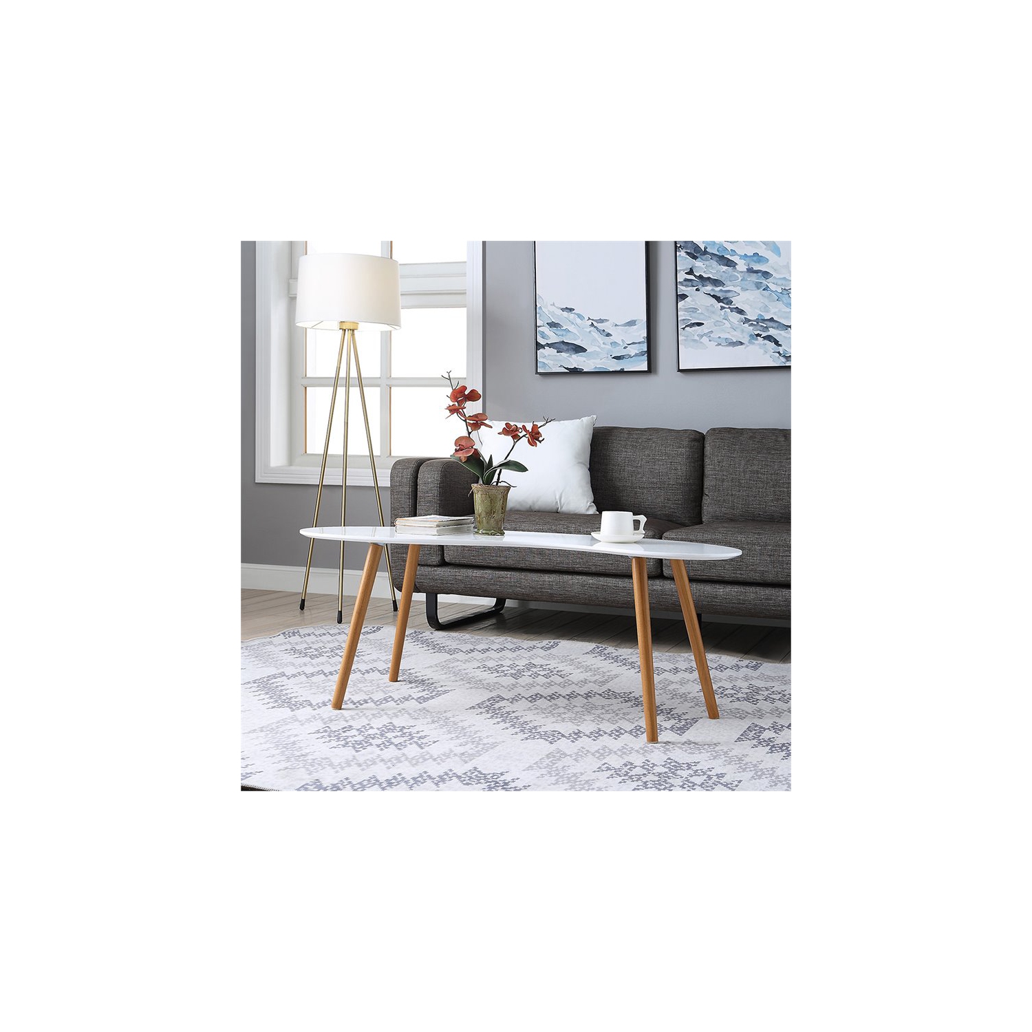 Pemberly Row Bean-Shaped Coffee Table in Glossy White Wood Finish