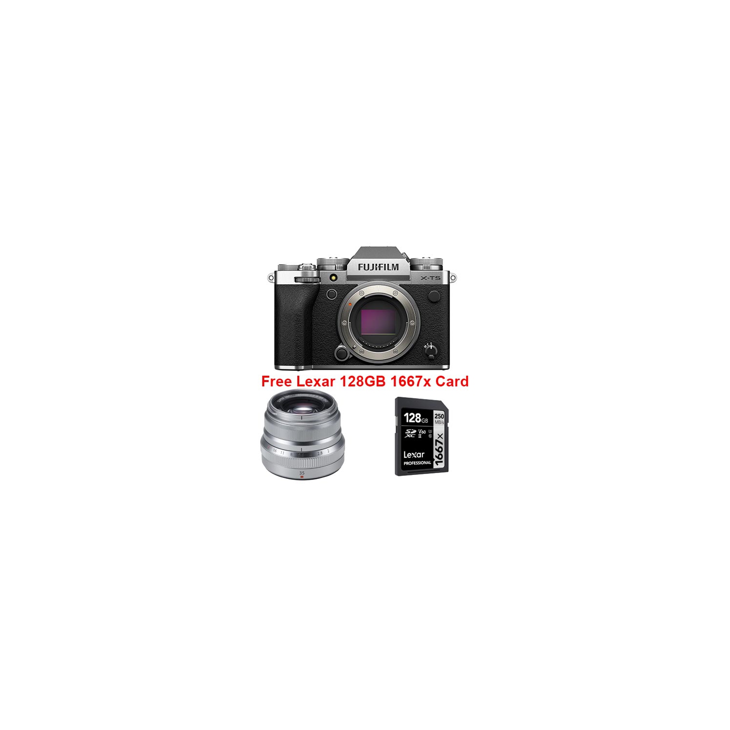 Fujifilm X-T5 Bundle Silver Body with XF 35mm f2 + Lexar 128GB 1667x SD Card