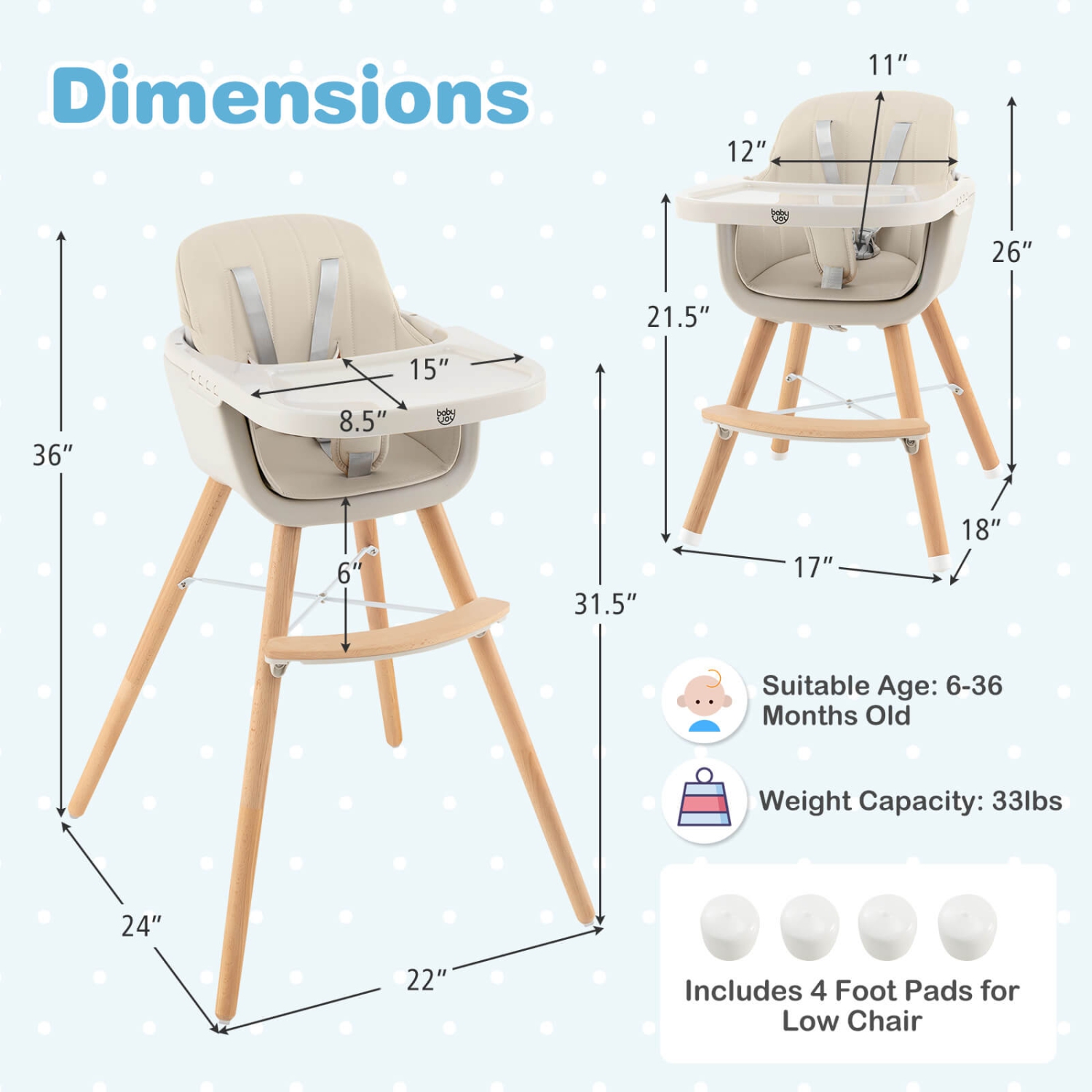 Costway 3 in 1 Convertible Wooden High Chair Baby Toddler Highchair w/ Cushion
