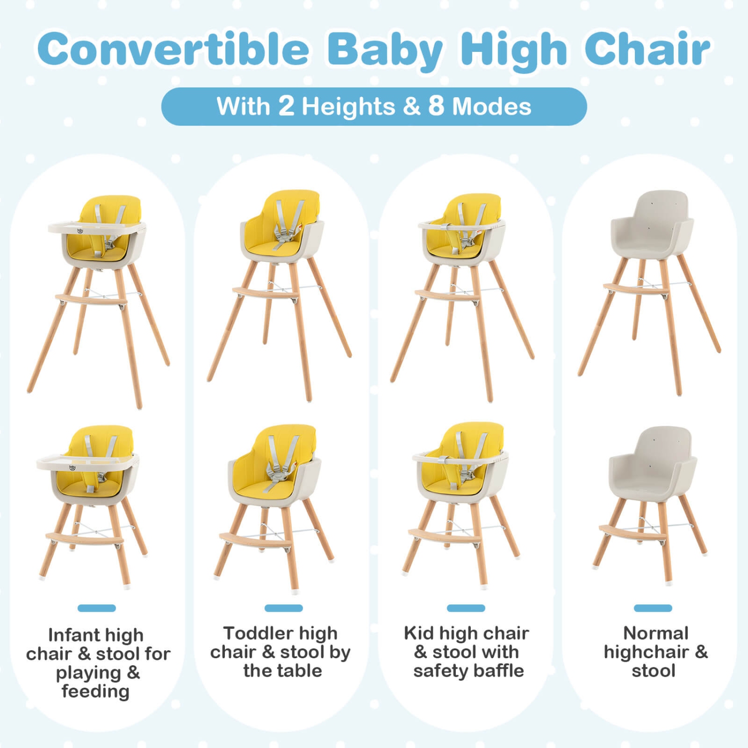 Costway 3 in 1 Convertible Wooden High Chair Baby Toddler Highchair w/ Cushion