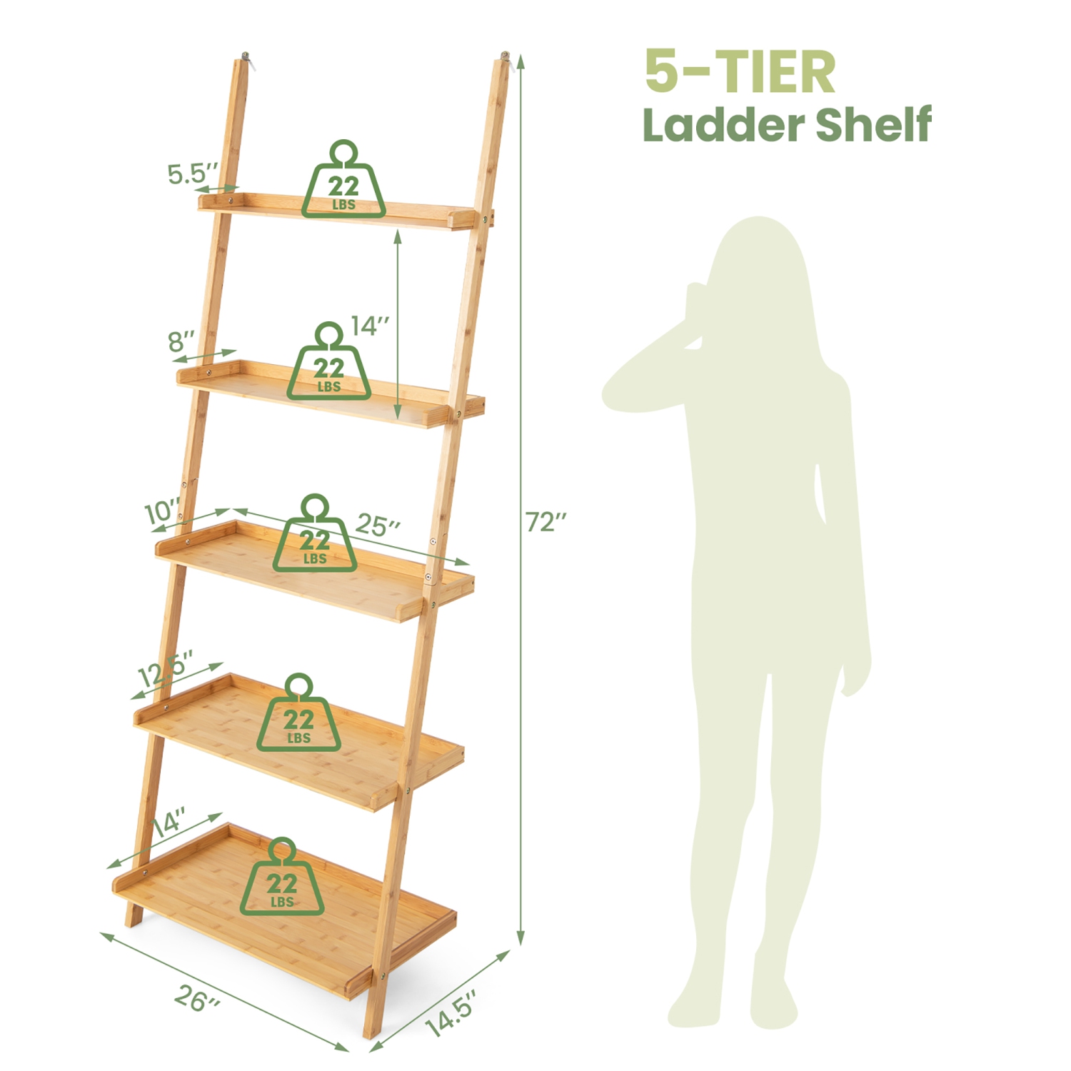 Gymax 5-Tier Bamboo Ladder Shelf Wall-Leaning Bookshelf Display Bookcase Storage Rack