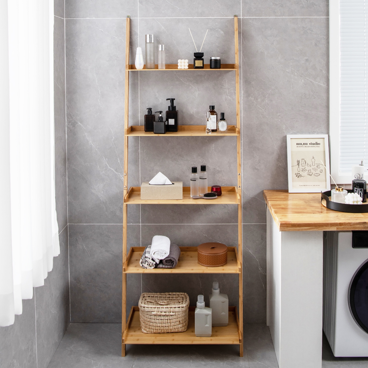 Gymax 5-Tier Bamboo Ladder Shelf Wall-Leaning Bookshelf Display Bookcase Storage Rack