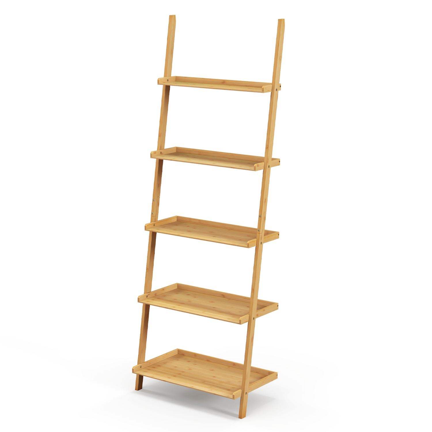 Gymax 5-Tier Bamboo Ladder Shelf Wall-Leaning Bookshelf Display Bookcase Storage Rack