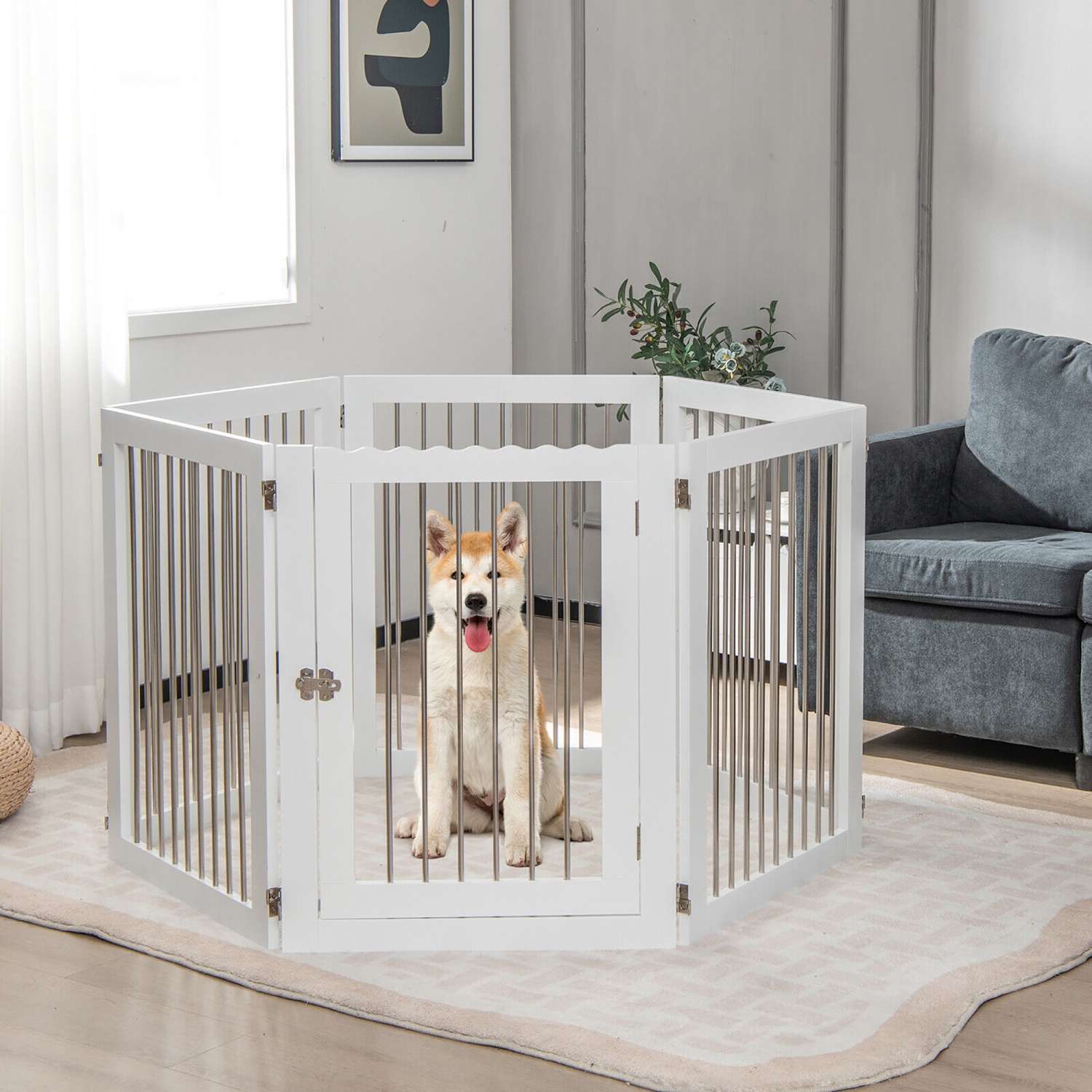 Gymax 6-Panel Freestanding Dog Gate Foldable Walk-Through Playpen w/ 4 Support Feet