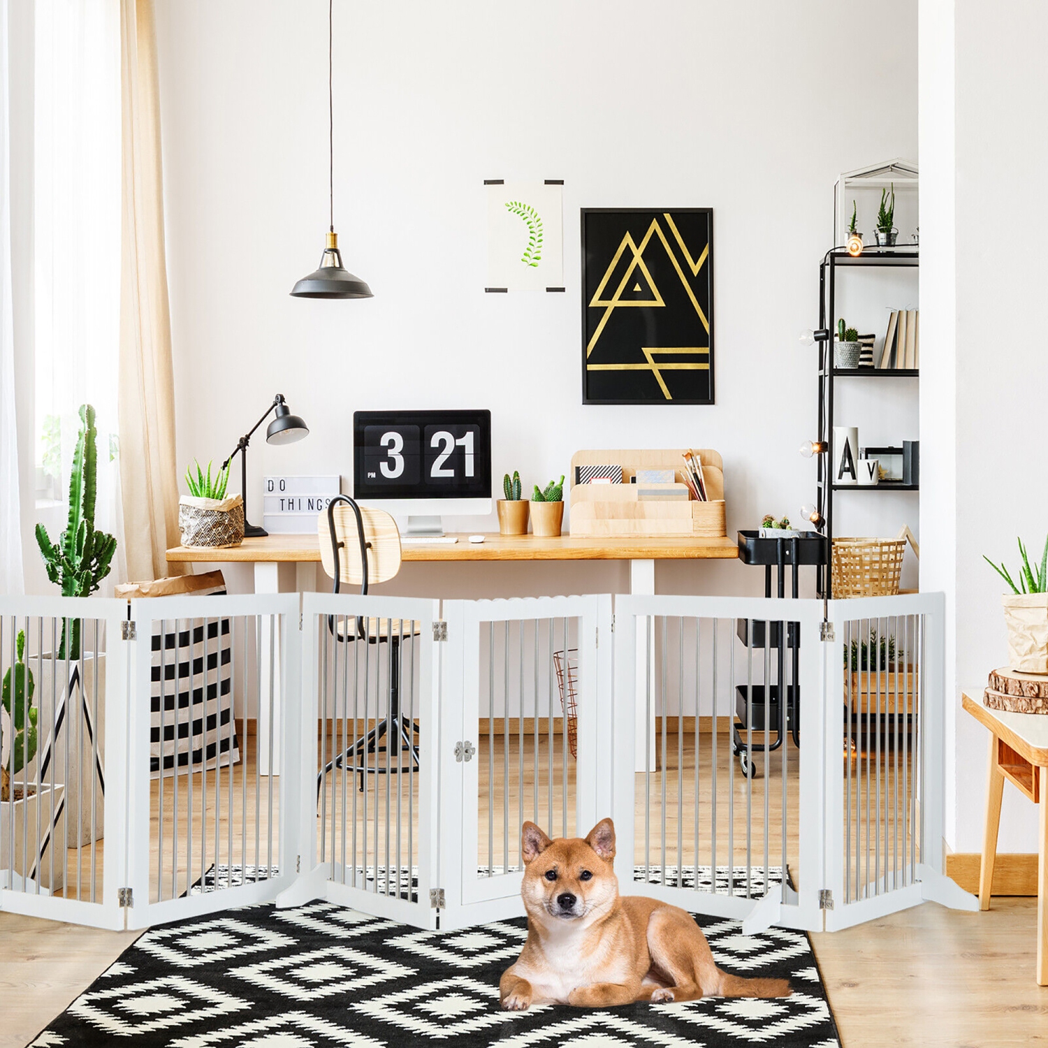 Gymax 6-Panel Freestanding Dog Gate Foldable Walk-Through Playpen w/ 4 Support Feet