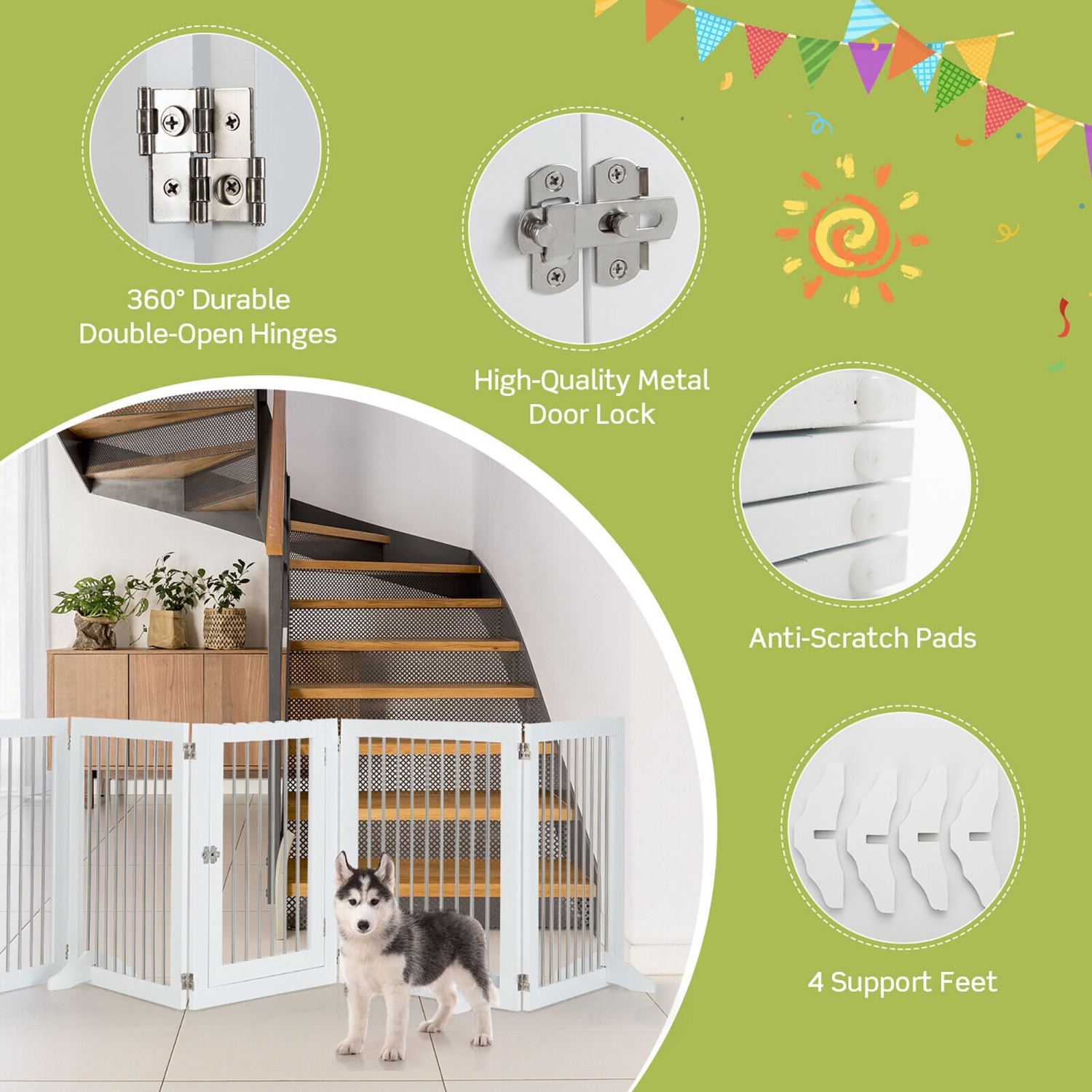 Gymax 6-Panel Freestanding Dog Gate Foldable Walk-Through Playpen w/ 4 Support Feet