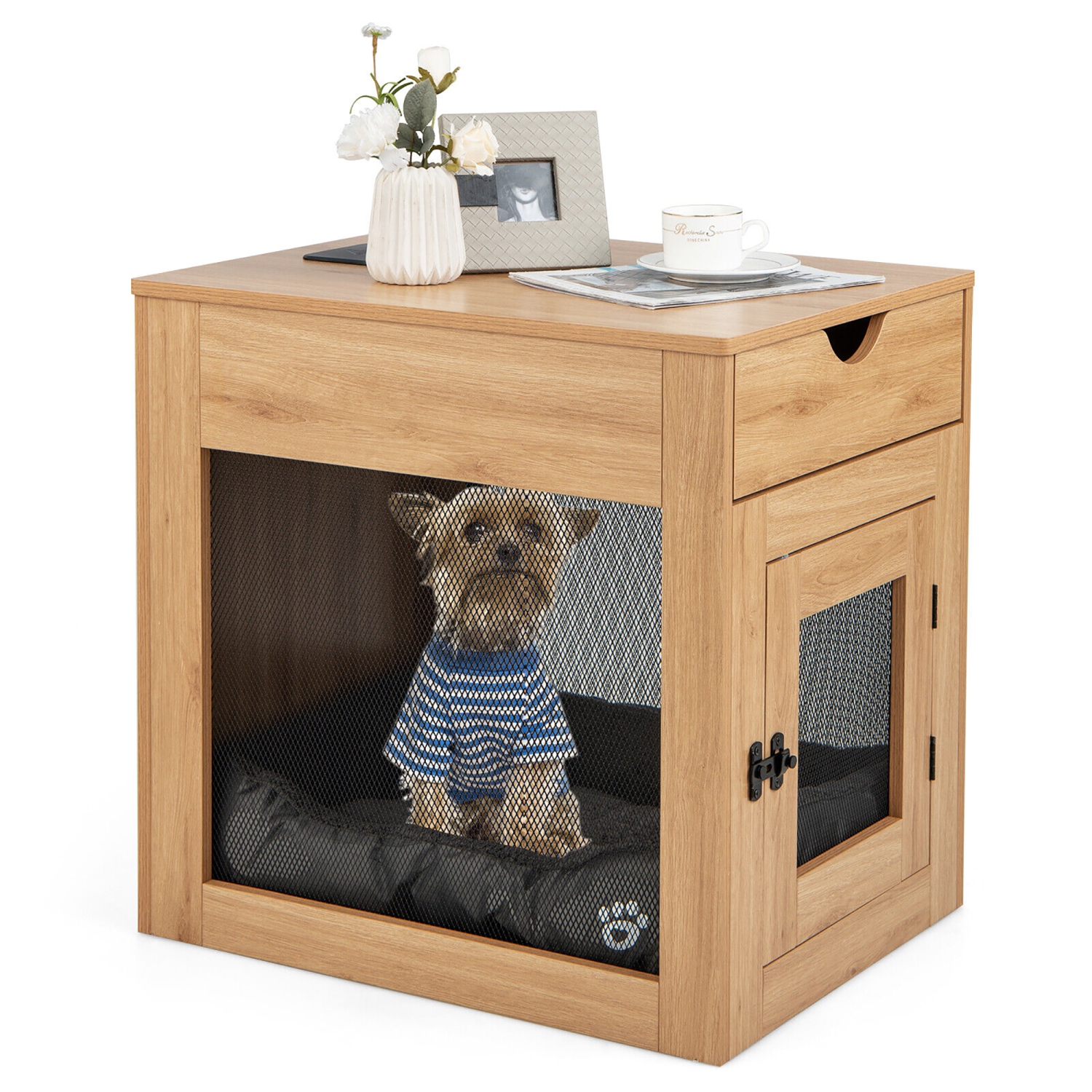 Gymax Furniture Style Dog Crate Cage End Table w/ Lockable Door Chew-proof Metal Grid
