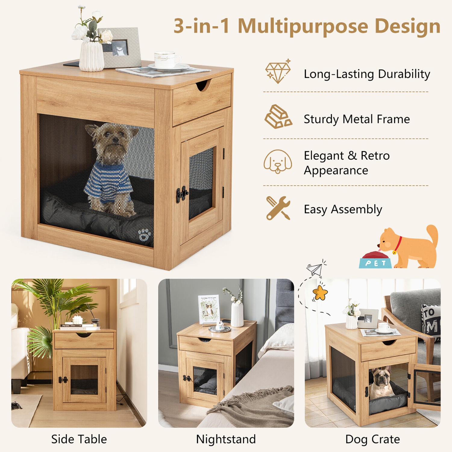 Gymax Furniture Style Dog Crate Cage End Table w/ Lockable Door Chew-proof Metal Grid