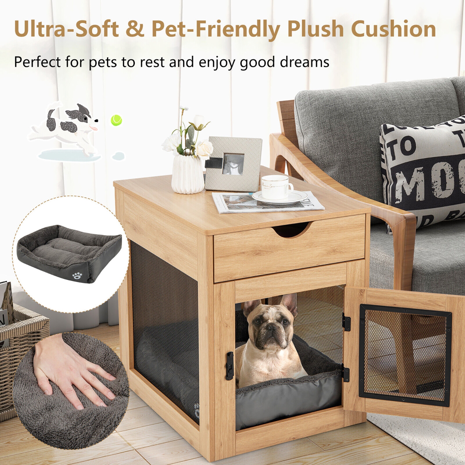 Gymax Furniture Style Dog Crate Cage End Table w/ Lockable Door Chew-proof Metal Grid