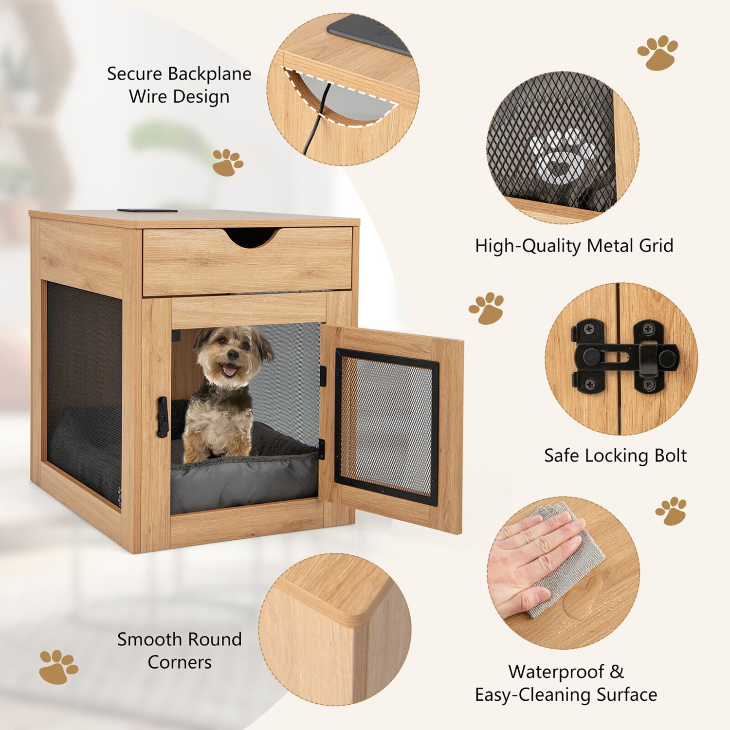 Gymax Furniture Style Dog Crate Cage End Table w/ Lockable Door Chew-proof Metal Grid