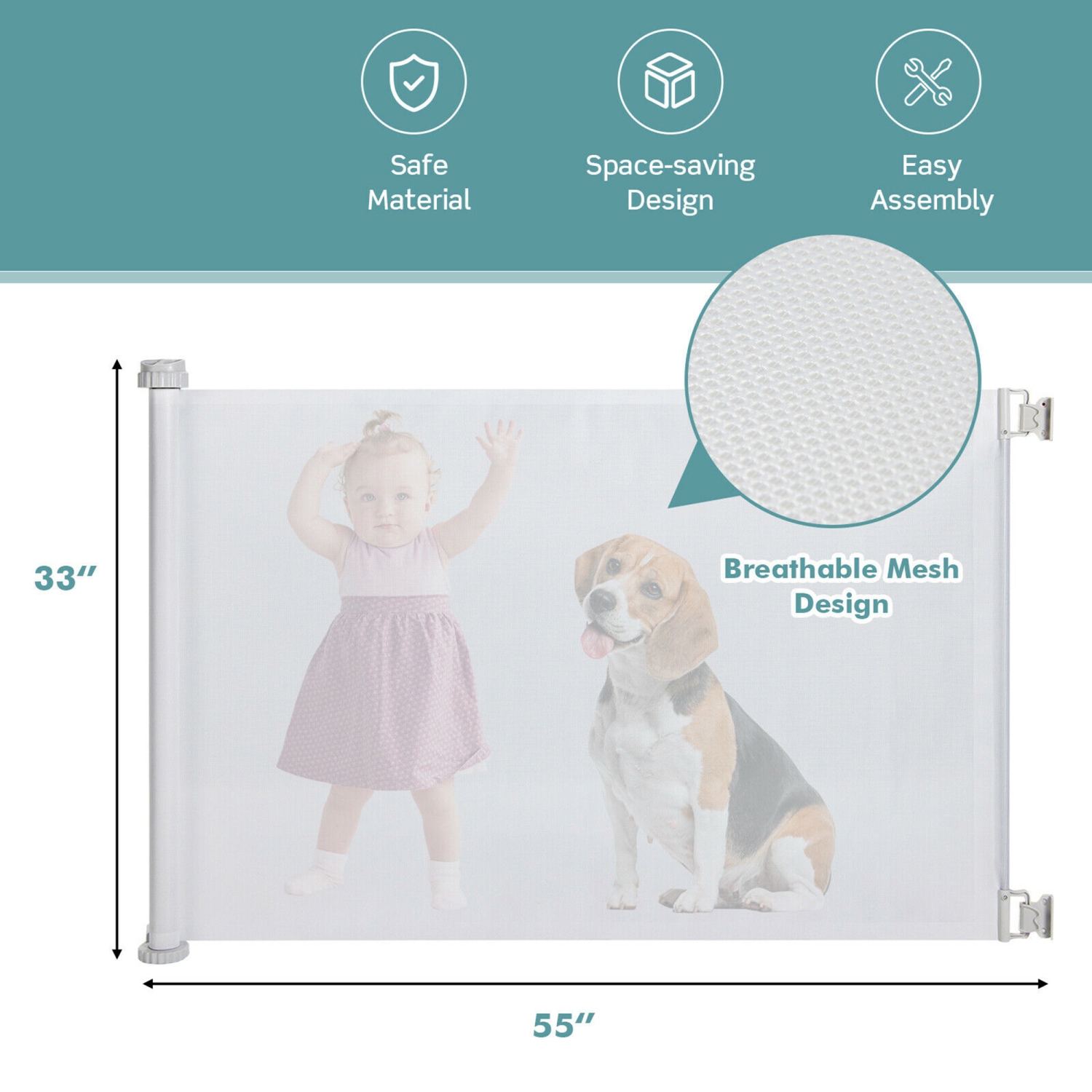 Gymax 33'' Tall Retractable Baby Gate Mesh Safety Gate for Dog Indoor Outdoor Use