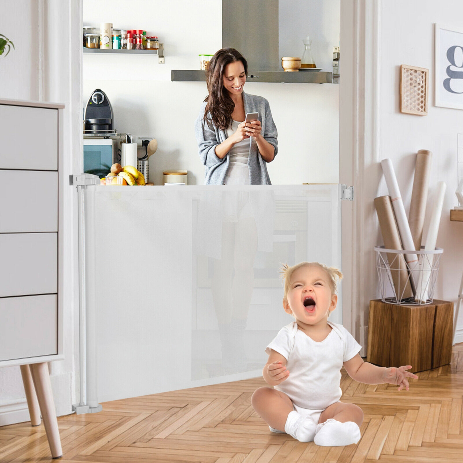 Gymax 33'' Tall Retractable Baby Gate Mesh Safety Gate for Dog Indoor Outdoor Use