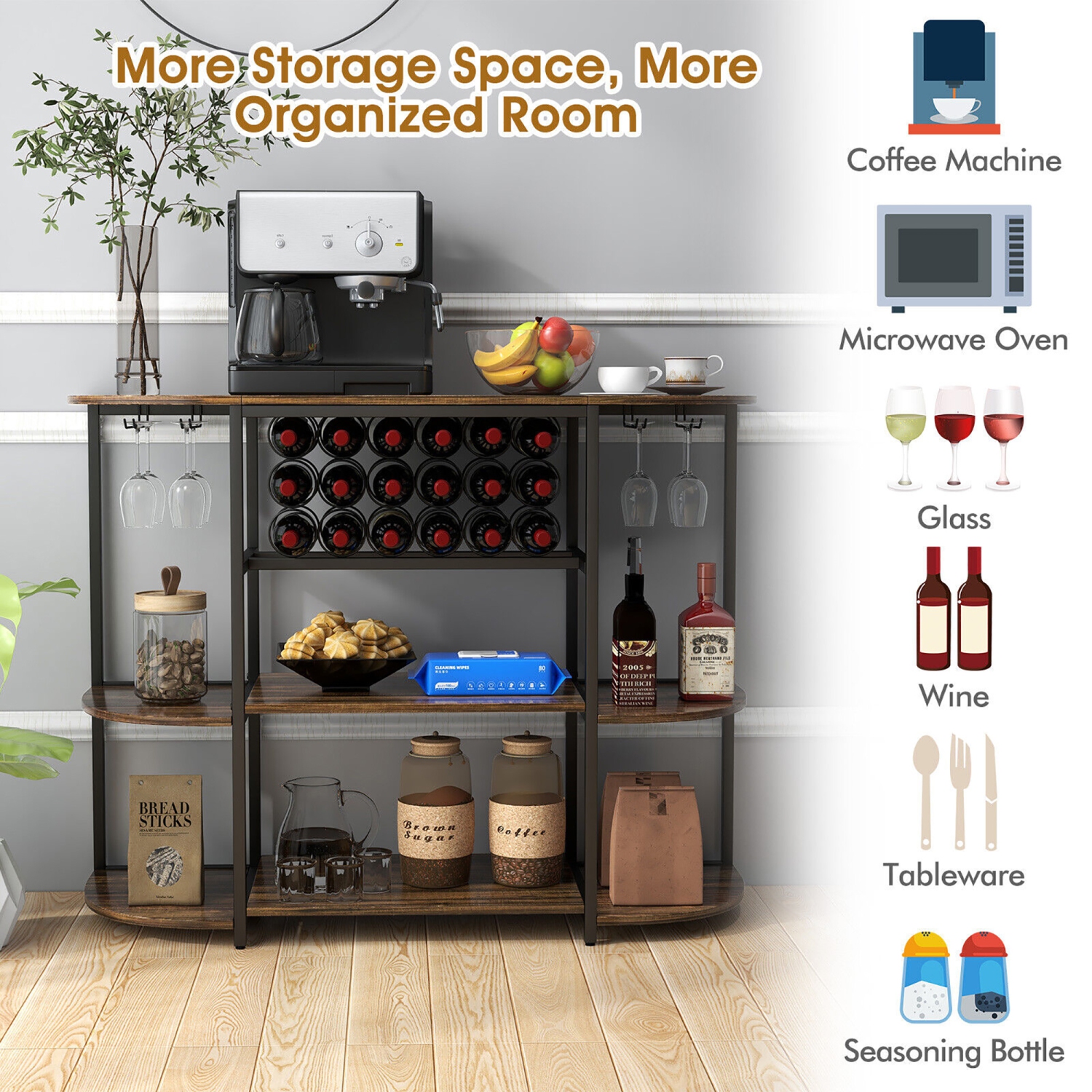Gymax Wine Rack Table Coffee Bar Cabinet Freestanding Liquor Stand Glass Holder