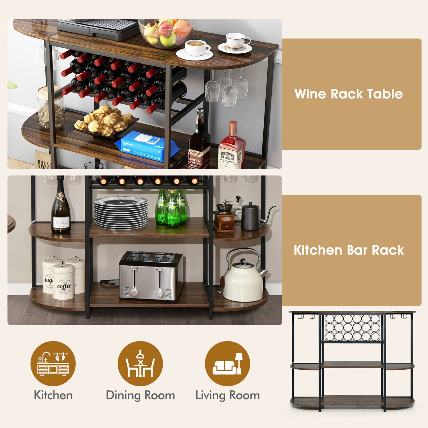 Gymax Wine Rack Table Coffee Bar Cabinet Freestanding Liquor Stand Glass Holder