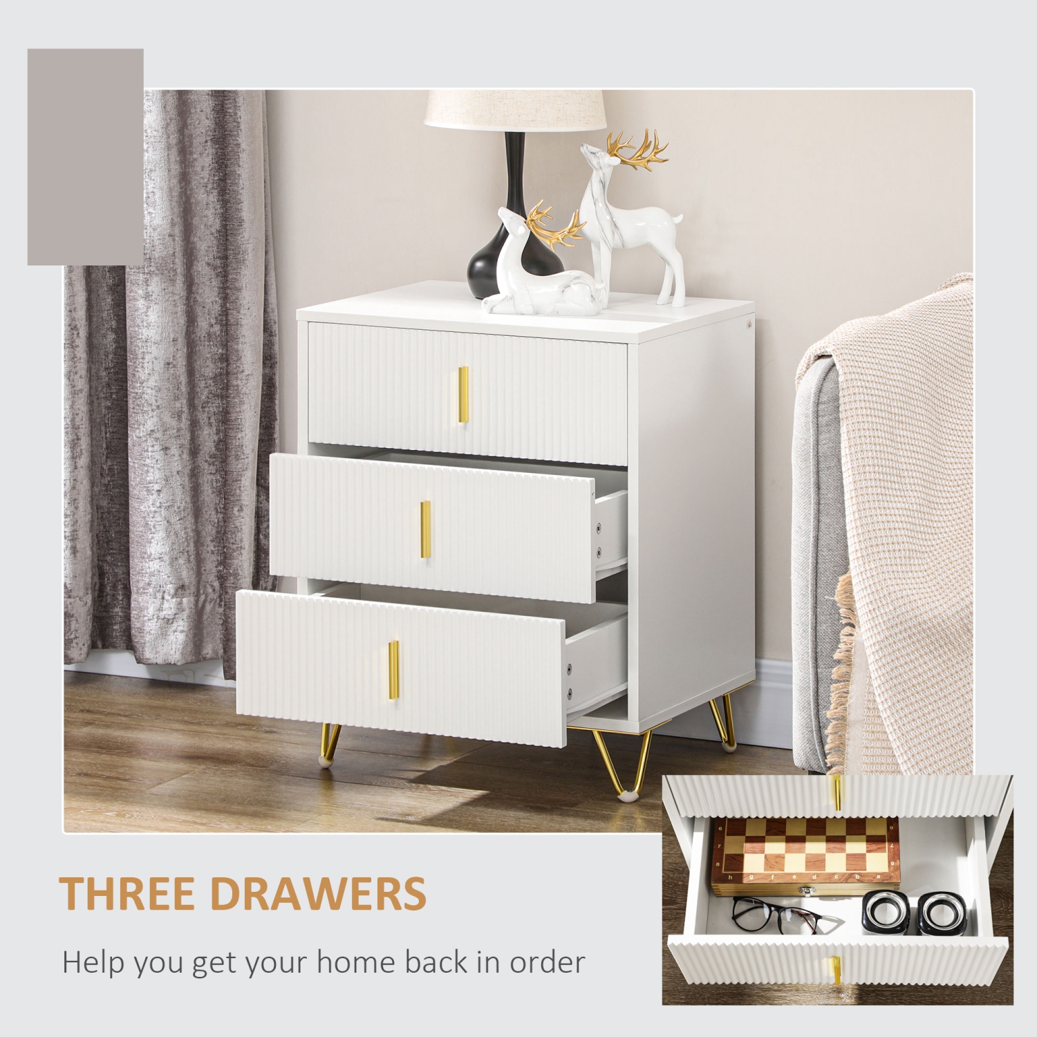 HOMCOM Dresser for Bedroom with 3 Drawers, Modern Chest of Drawers with Metal Legs and Steel Handles for Living Room, White
