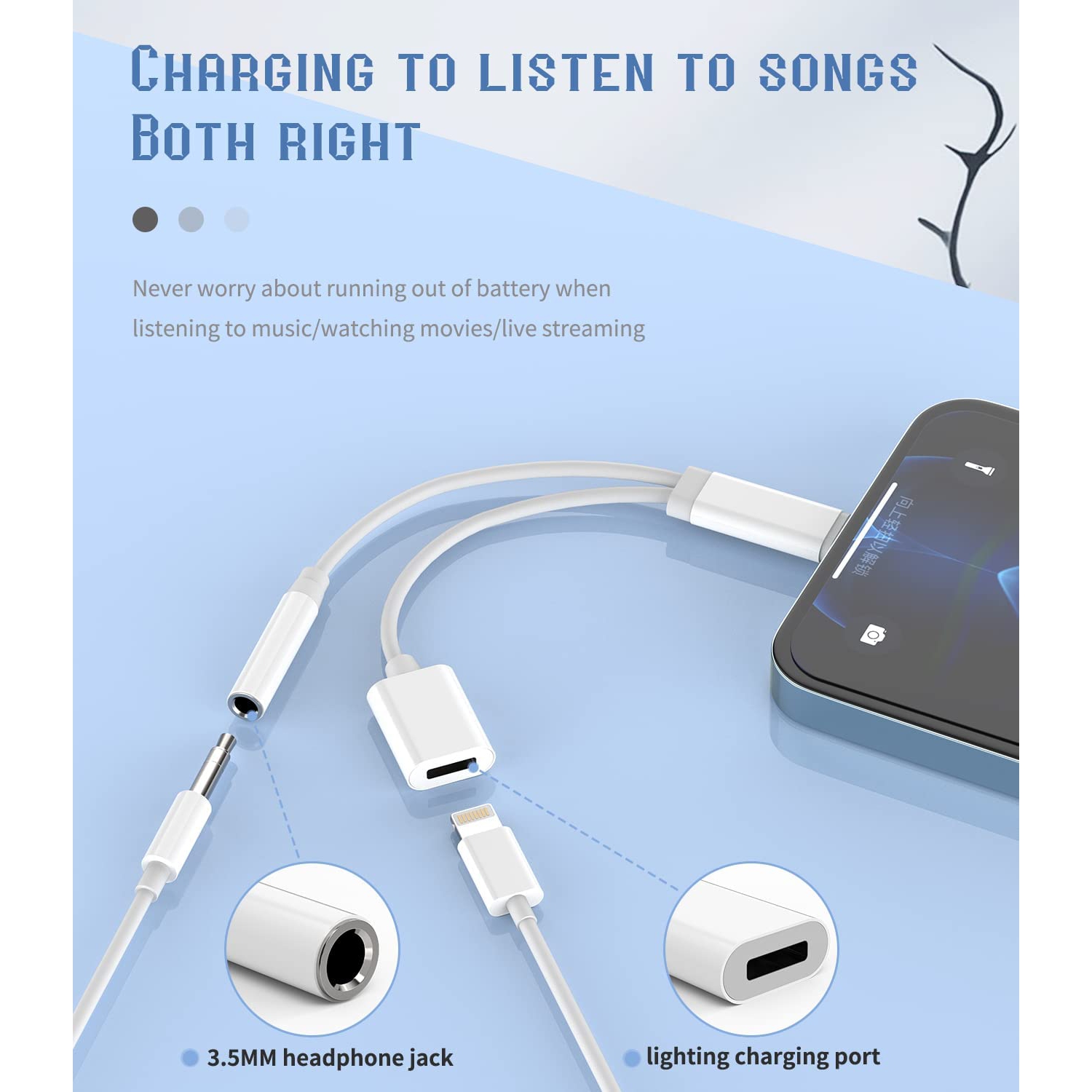 Lightning to 3.5mm Splitter Dongle(2in1) iPhone AUX Adapter Charger Headphone Jack Adaptader Para Cable Audio Earphone for 14 13 12 11 Pro Max X XR