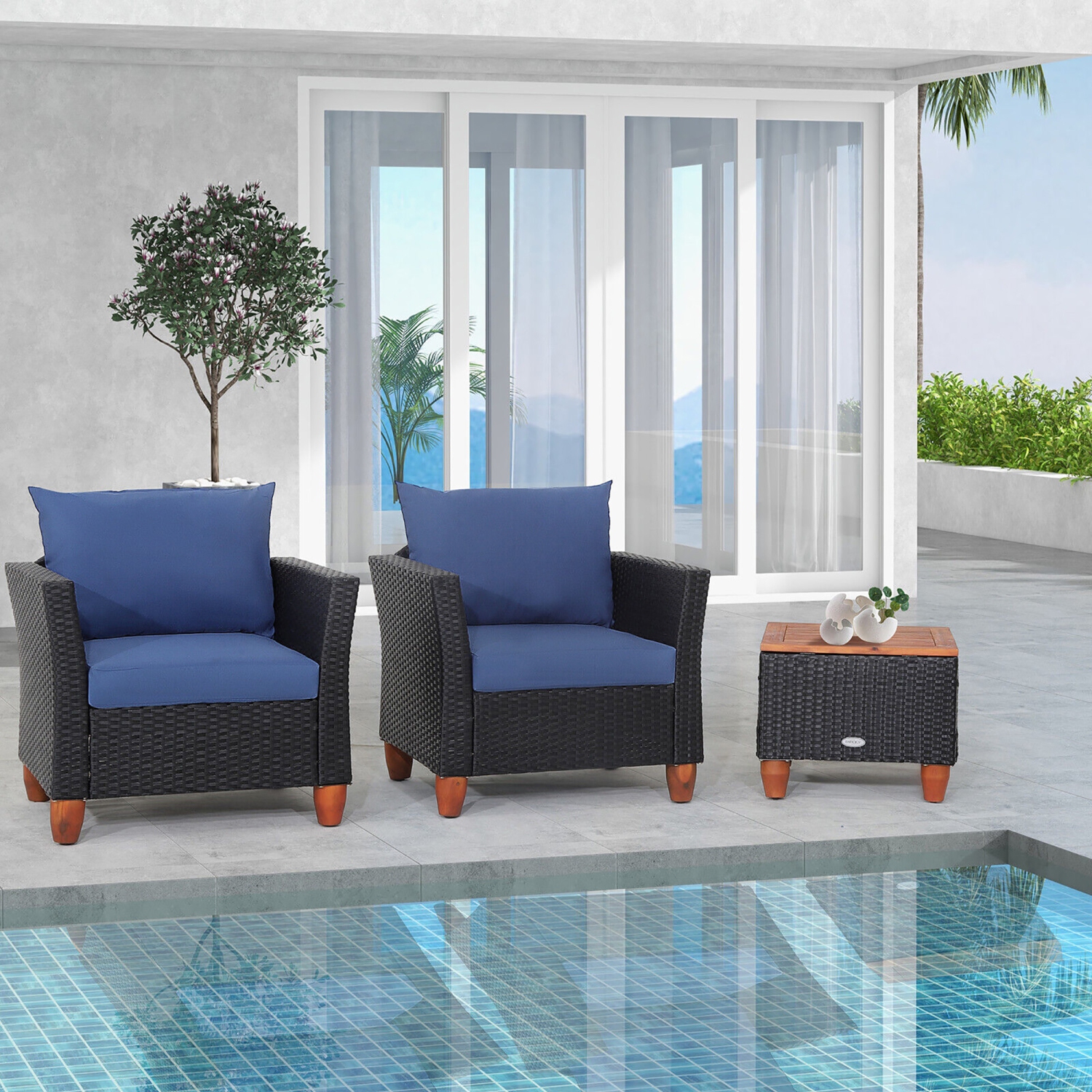 Gymax 3PCS Patio Rattan Conversation Set Outdoor Furniture Set w/ Cushions