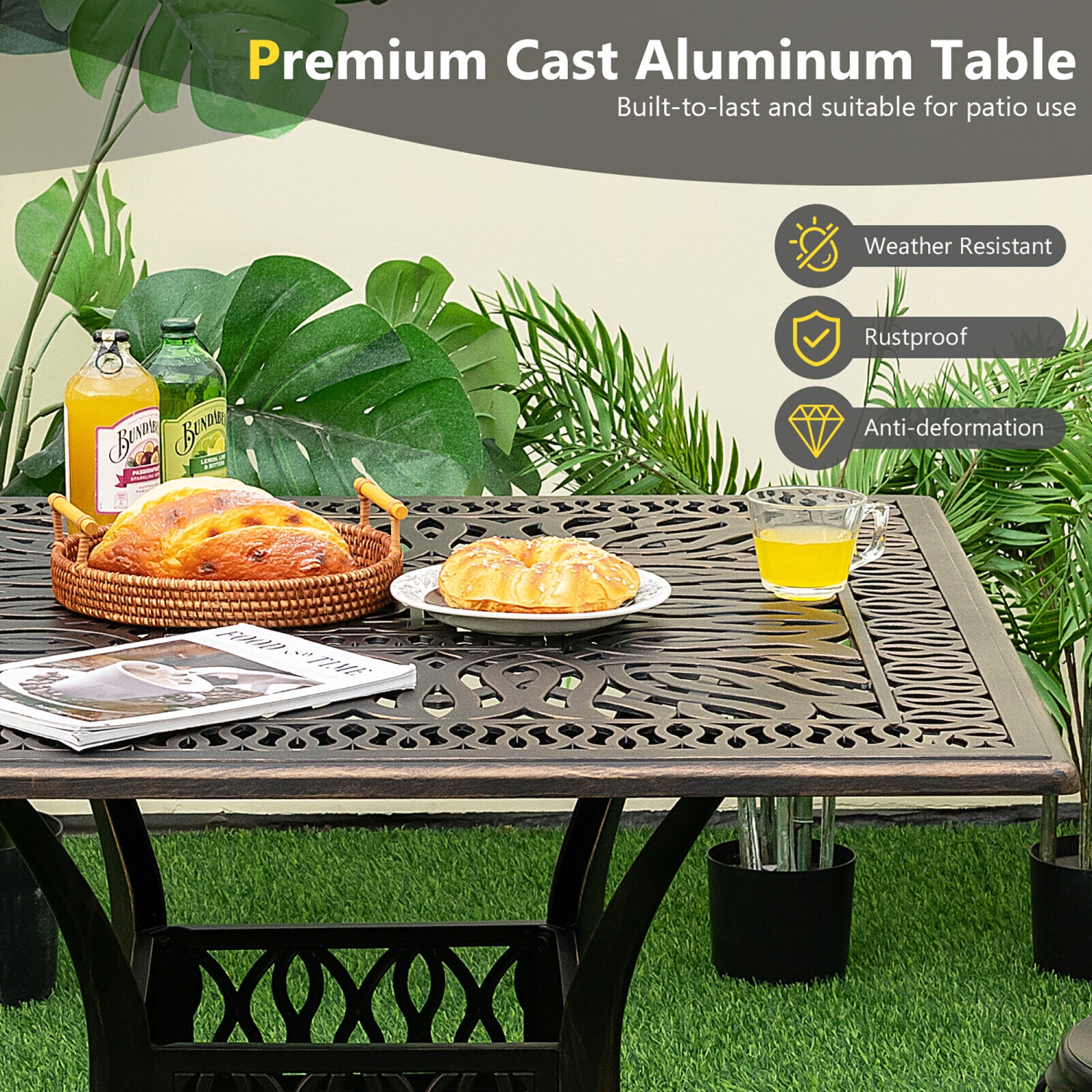 Gymax 35.4'' Patio Square Dining Table Cast Aluminum Umbrella Hole All-weather Outdoor