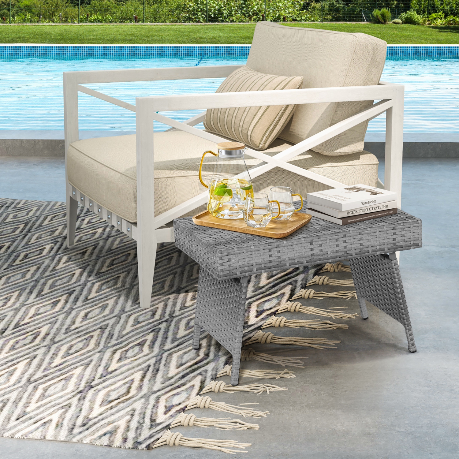 Gymax Folding Rattan Wicker Coffee Side Table Patio Garden Poolside Yard Outdoor Mix Gray