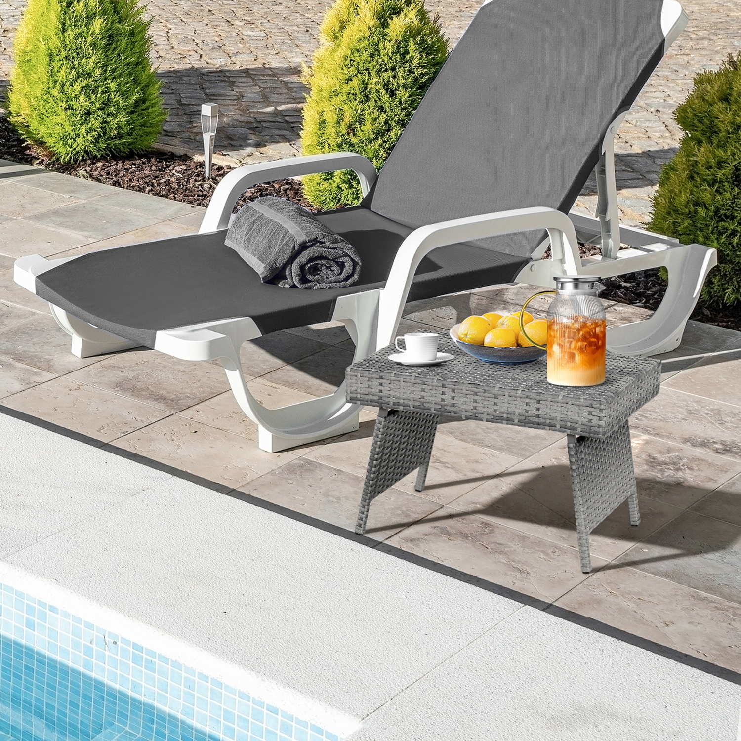 Gymax Folding Rattan Wicker Coffee Side Table Patio Garden Poolside Yard Outdoor Mix Gray