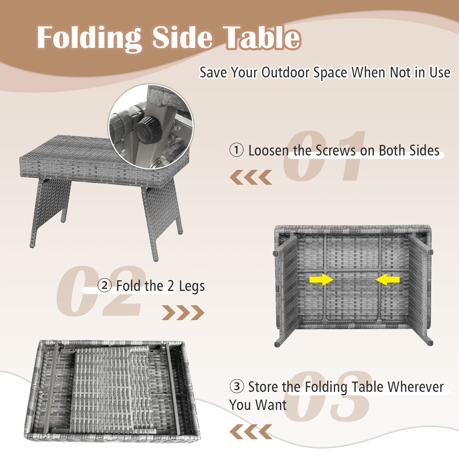 Gymax Folding Rattan Wicker Coffee Side Table Patio Garden Poolside Yard Outdoor Mix Gray