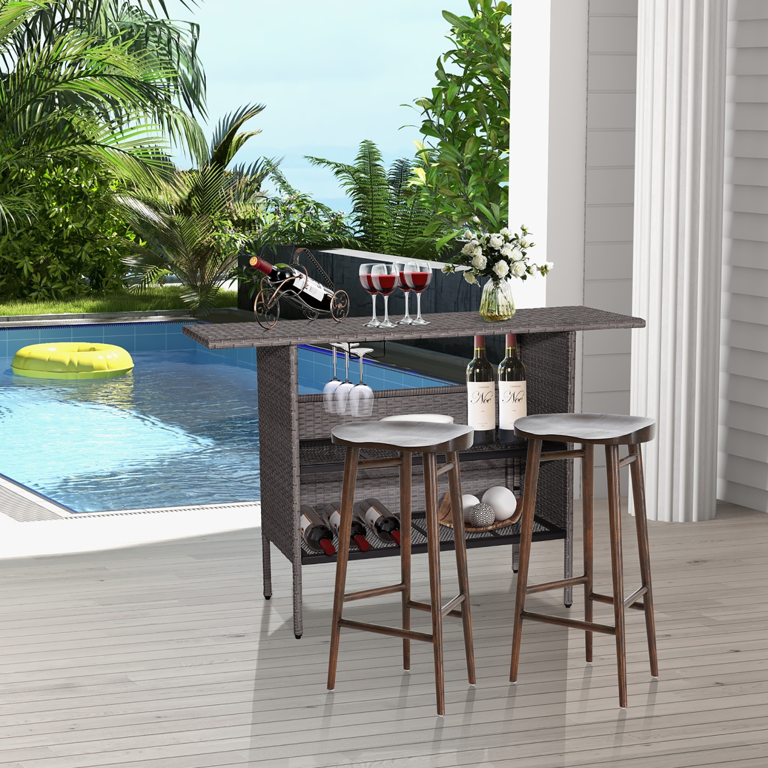 Gymax Patio Rattan Wicker Bar Height Counter Table Storage Shelf Rail Garden