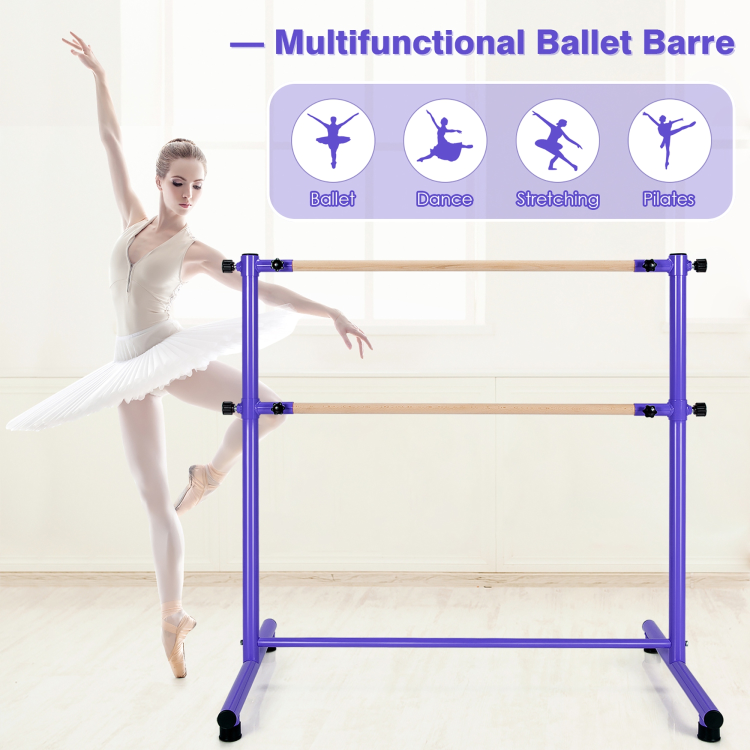 Gymax Portable 4FT Freestanding Double Dancing Ballet Barre Bar w/ 5  Adjustable Heights