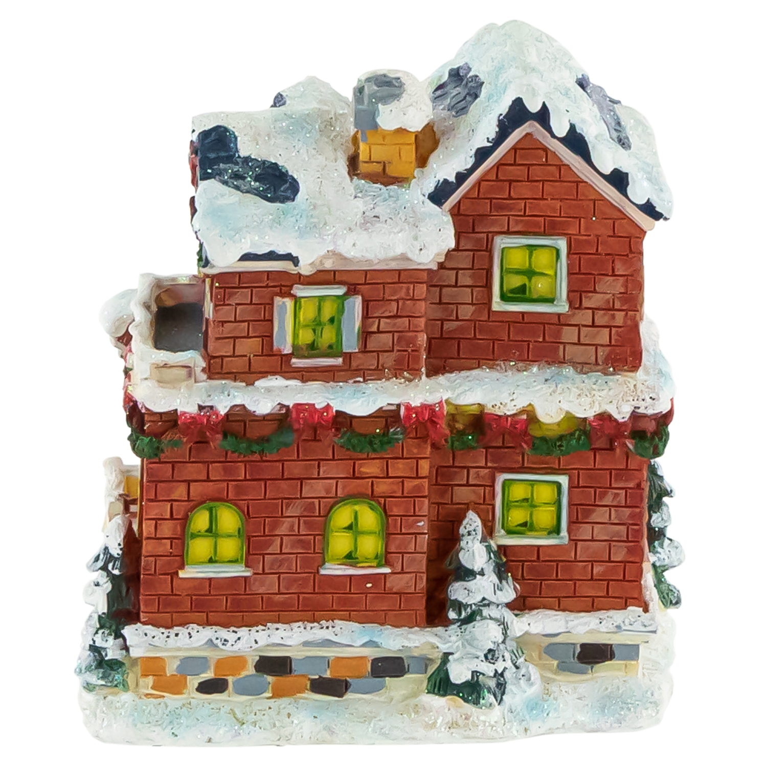Two Story Snowy House with Garland and Wreaths Christmas Village Decoration - 4"