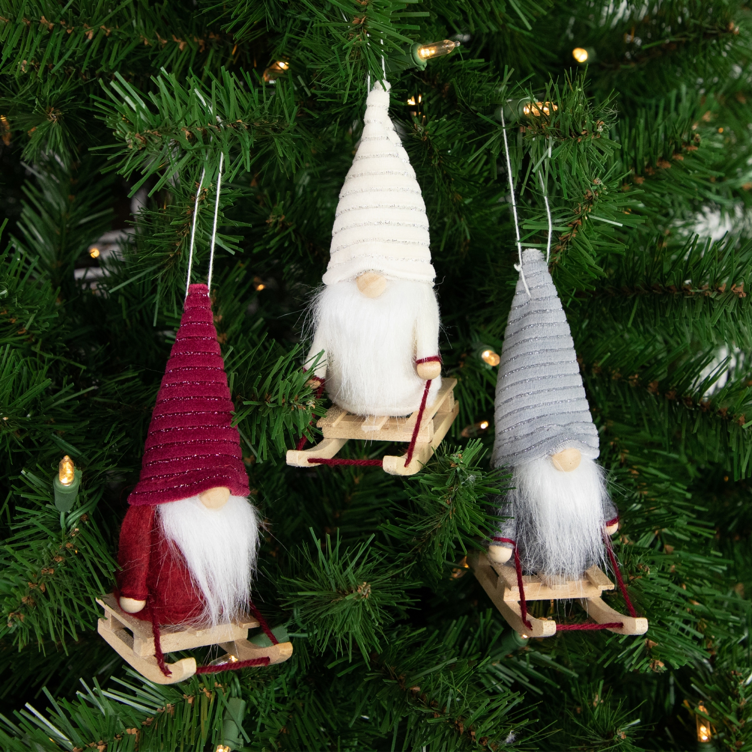 Plush Sledding Gnomes Christmas Figurine Ornaments - 5.25" - Set of 3