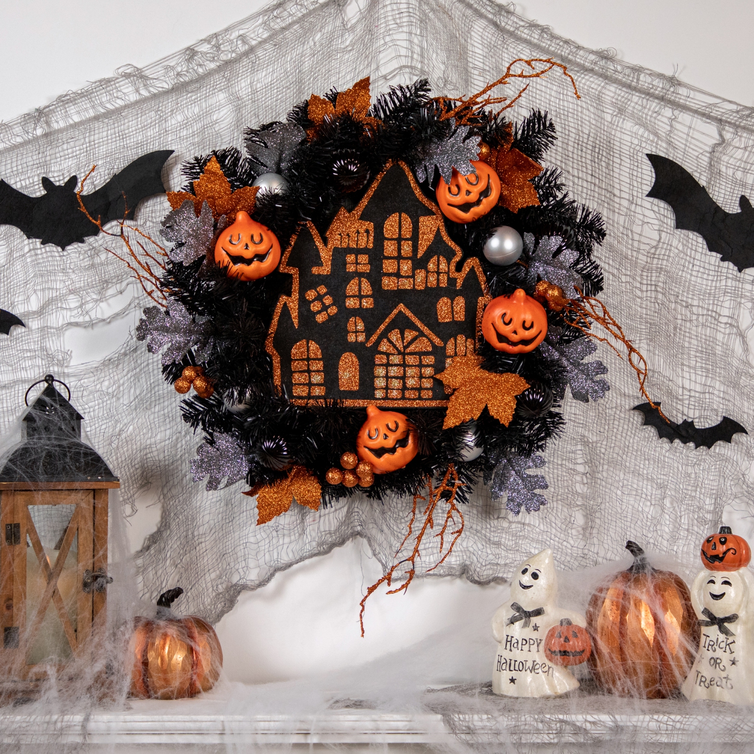 Orange and Black Haunted House Halloween Wreath, 24-Inch, Unlit