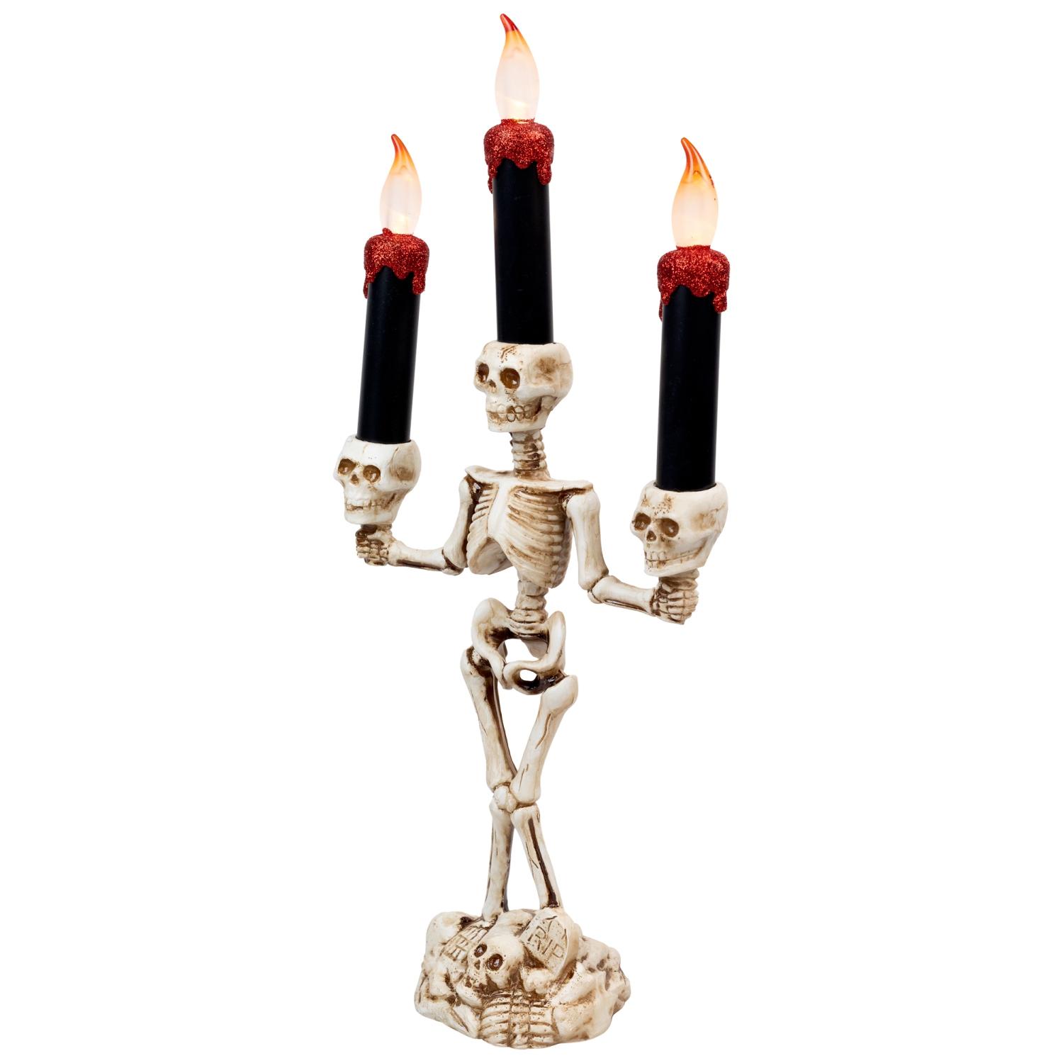 Dripping Flameless Candles Skeleton Halloween Candelabra - 14.5" - Amber Lights
