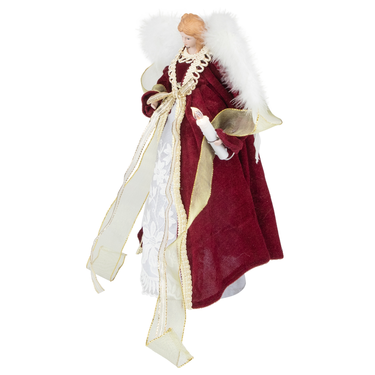 Angel with Lighted Candle Christmas Tree Topper - 14" - Burgundy and White