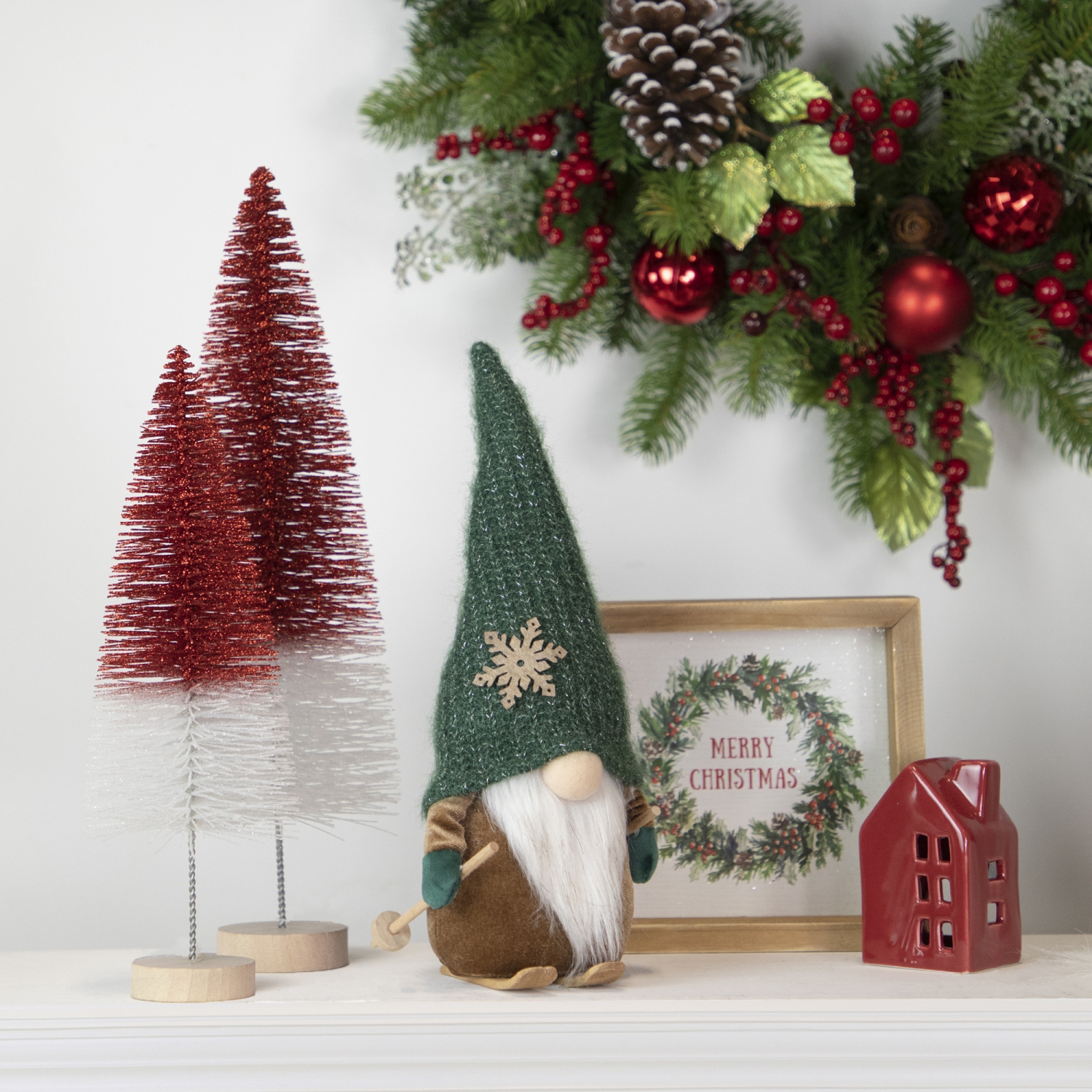 Skiing Gnome with Snowflake Knitted Hat Christmas Decoration - 12.5"