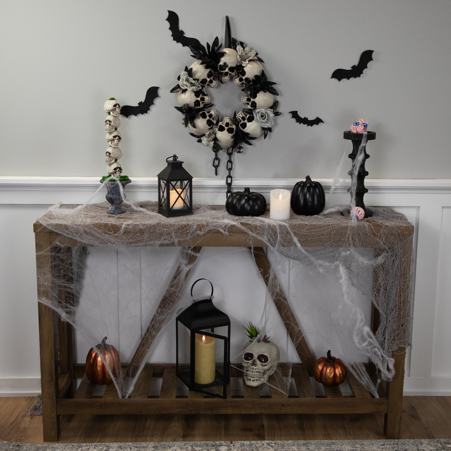 Skulls and Chains with Gray Roses Halloween Wreath, 15-Inch, Unlit