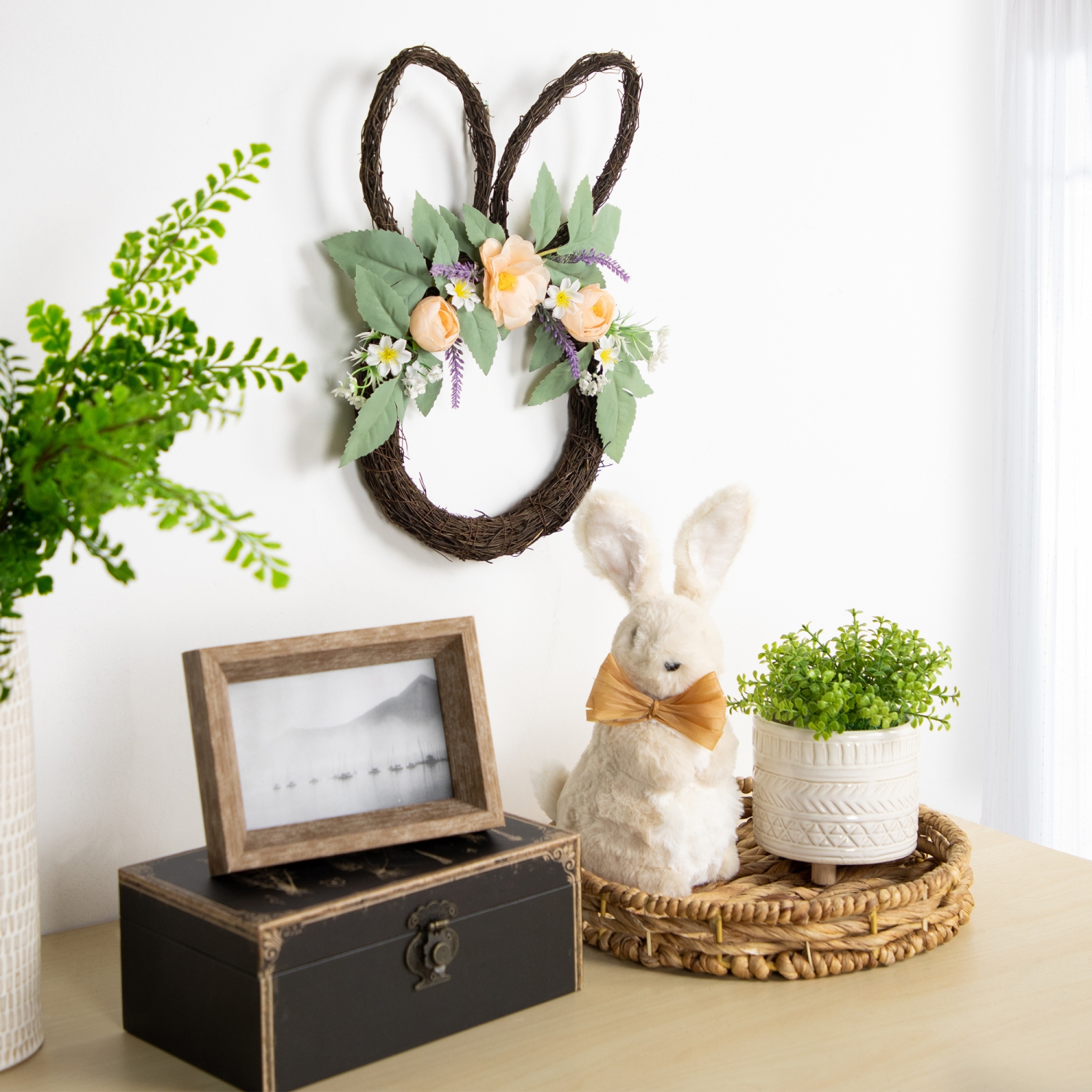 15" Bunny Ears Floral Easter Twig Wreath