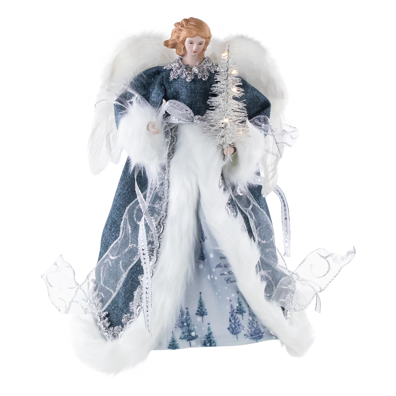 Lighted Angel with Faux Fur Wings Christmas Tree Topper - 14" - Blue and White