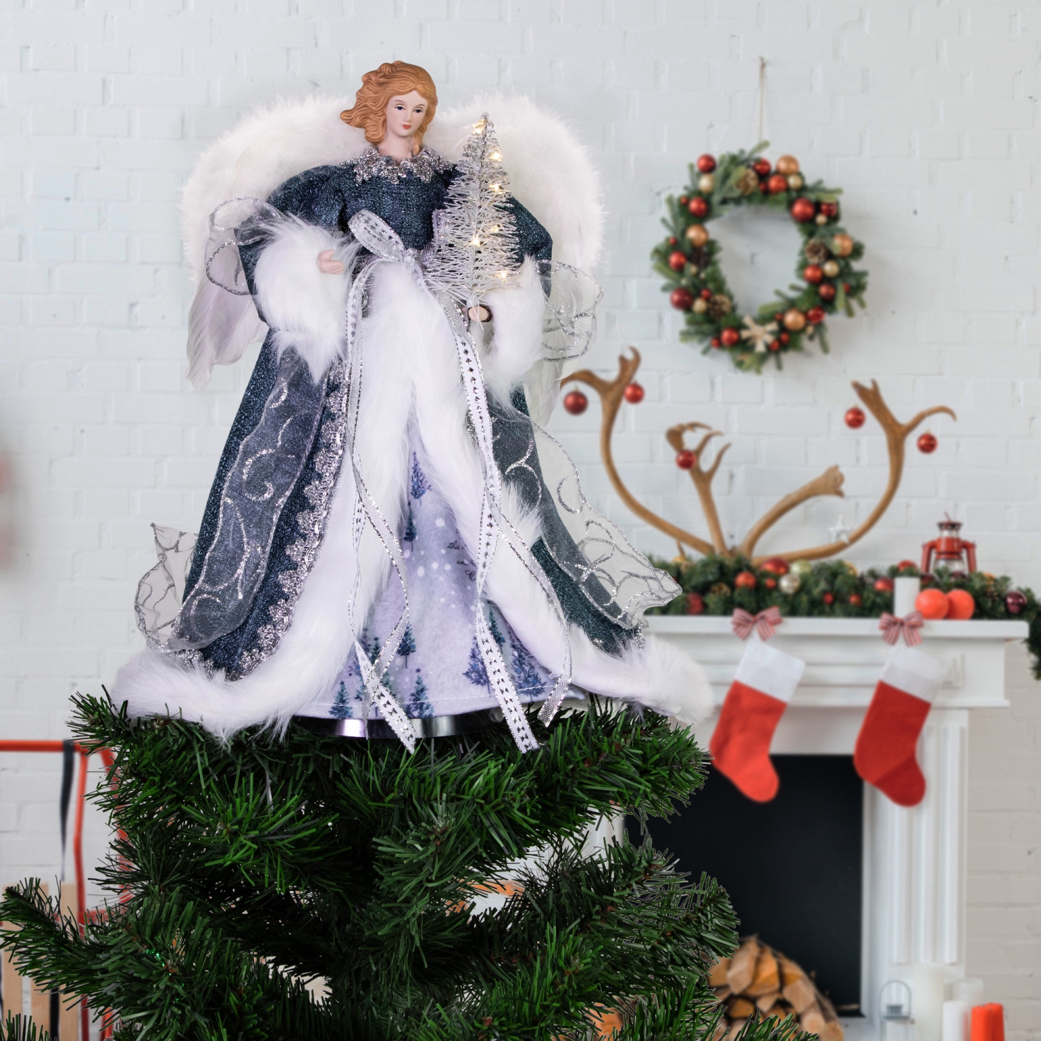 Lighted Angel with Faux Fur Wings Christmas Tree Topper - 14" - Blue and White