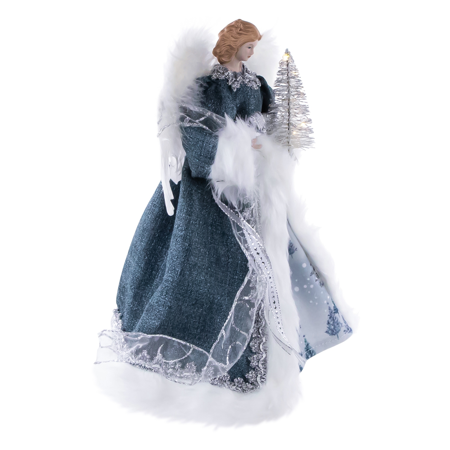 Lighted Angel with Faux Fur Wings Christmas Tree Topper - 14" - Blue and White