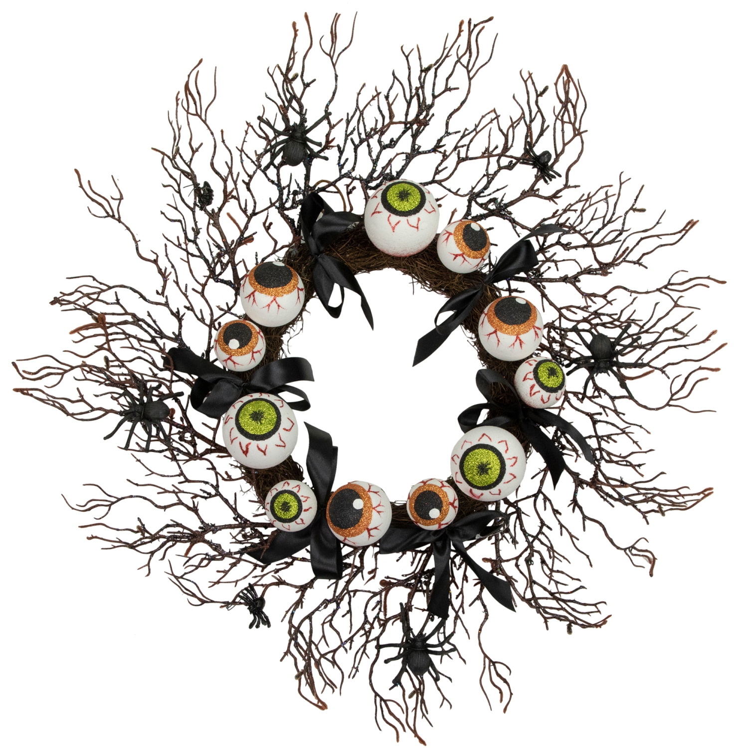 Eyeballs and Spiders Halloween Twig Wreath, 24-Inch, Unlit