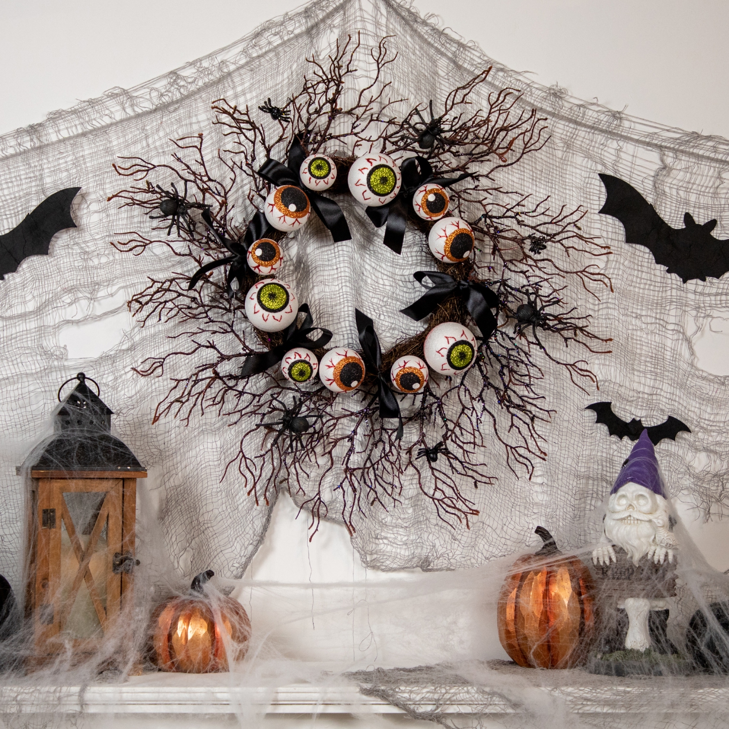 Eyeballs and Spiders Halloween Twig Wreath, 24-Inch, Unlit