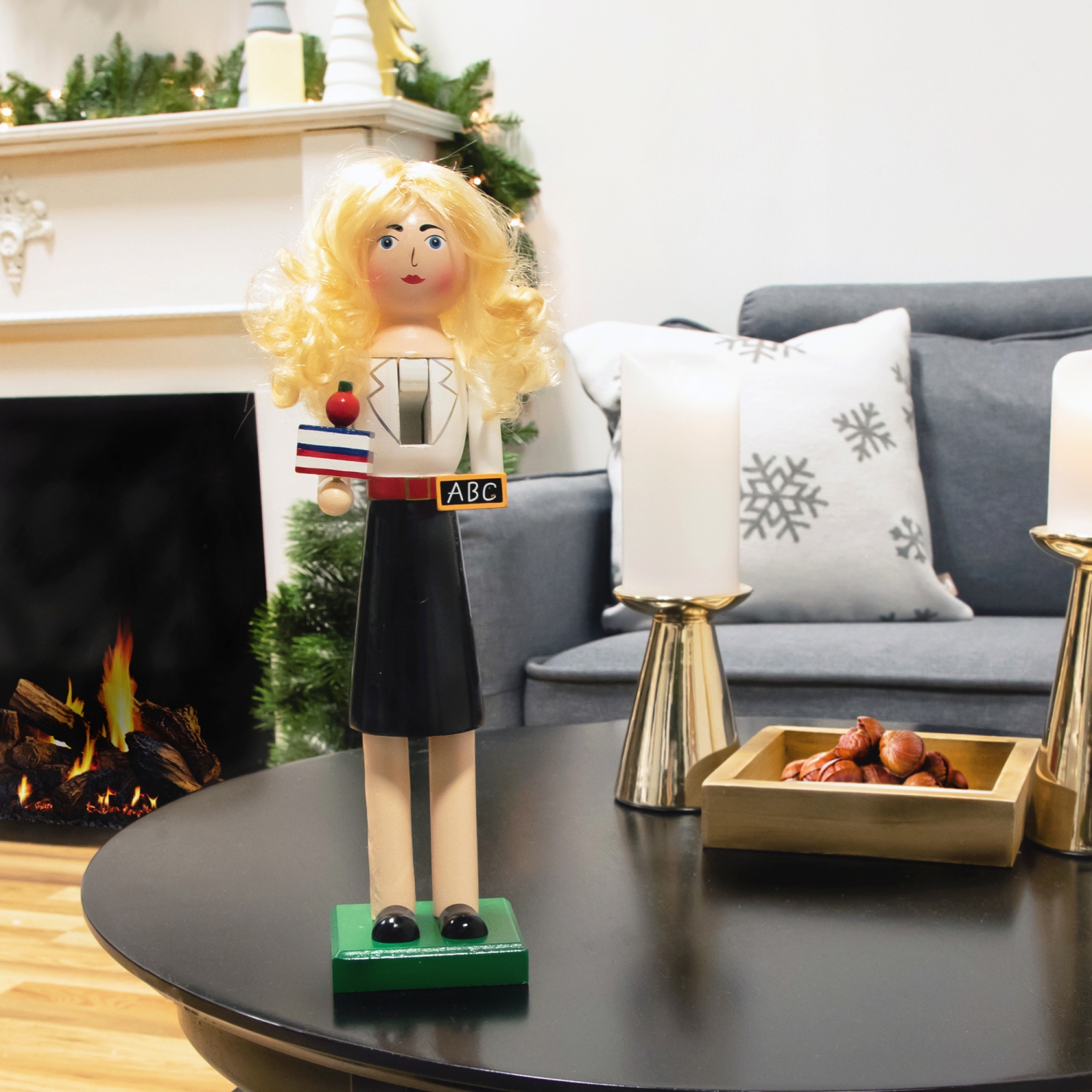 14" Black and White Wooden Teacher Christmas Nutcracker