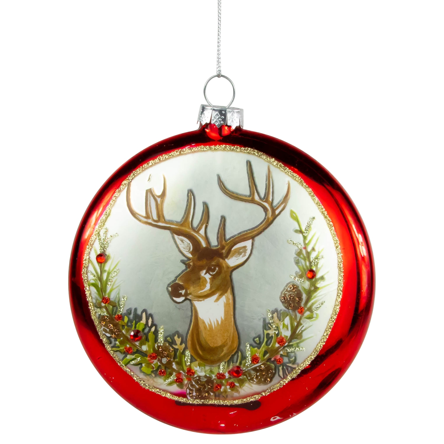 Glittered Reindeer with Wreath Glass Disc Christmas Ornament - 4" - Red