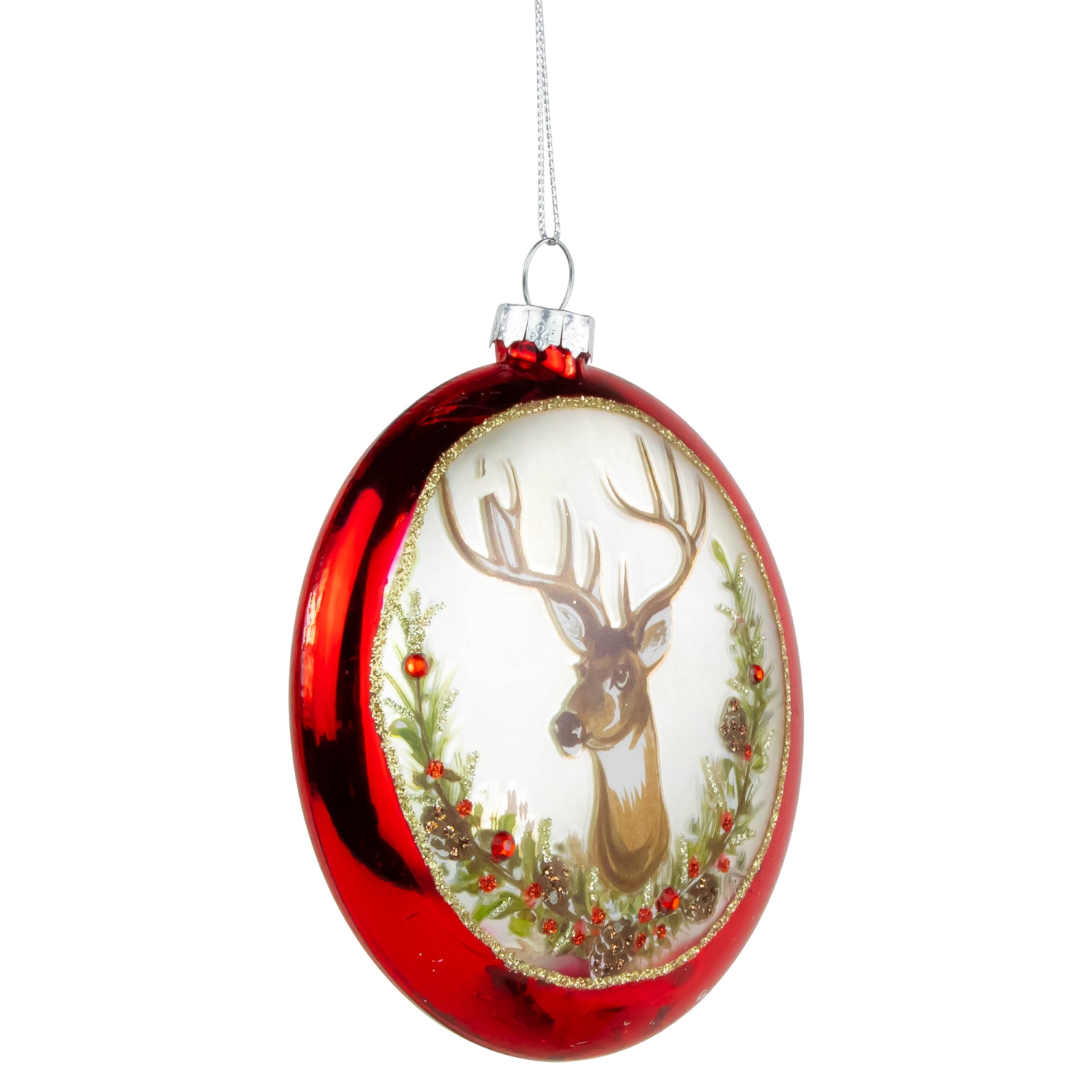 Glittered Reindeer with Wreath Glass Disc Christmas Ornament - 4" - Red