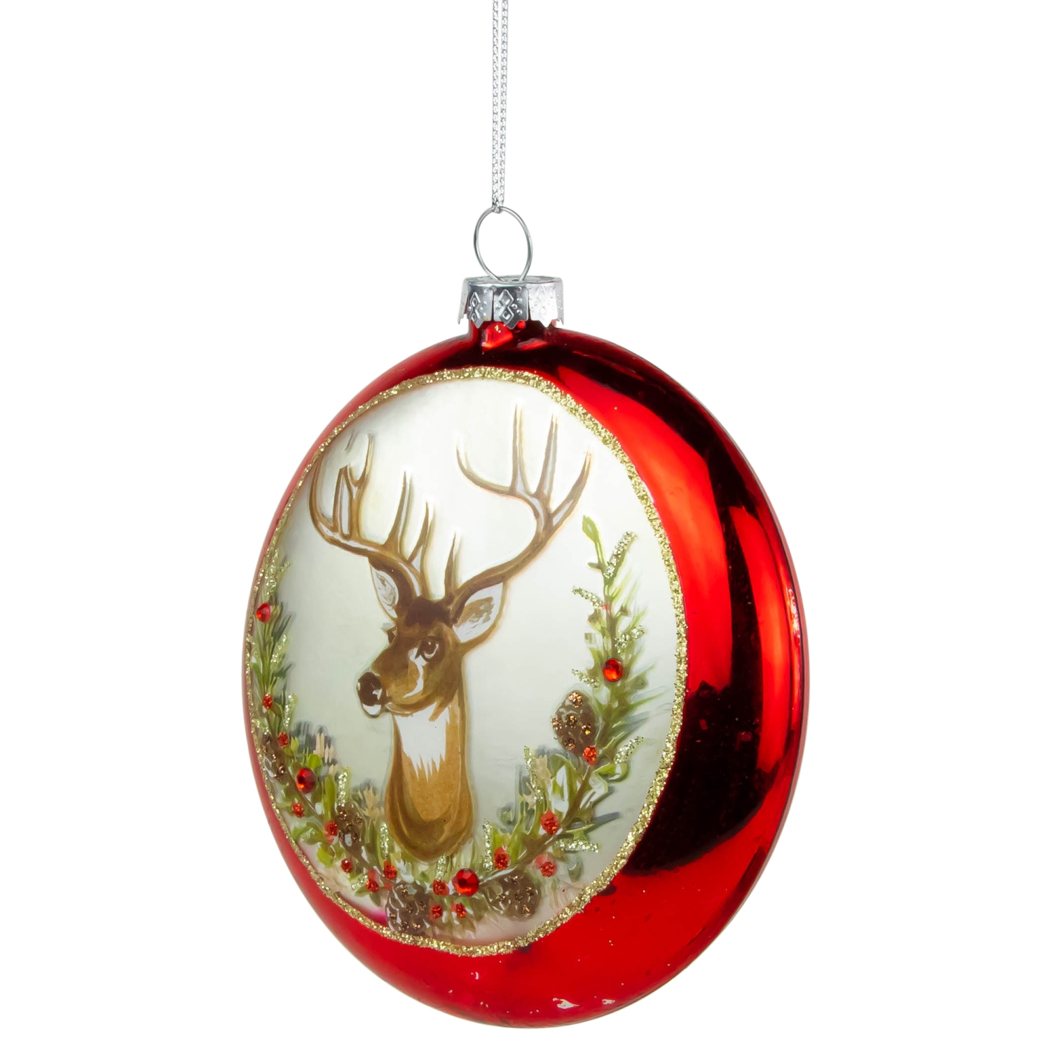 Glittered Reindeer with Wreath Glass Disc Christmas Ornament - 4" - Red