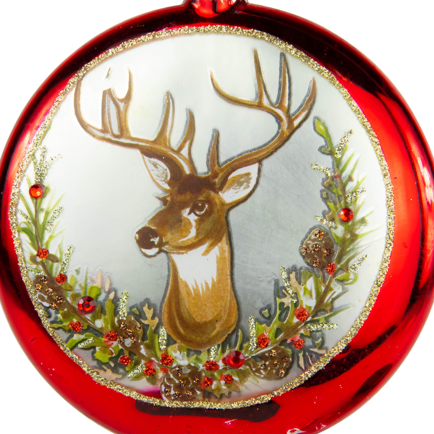 Glittered Reindeer with Wreath Glass Disc Christmas Ornament - 4" - Red
