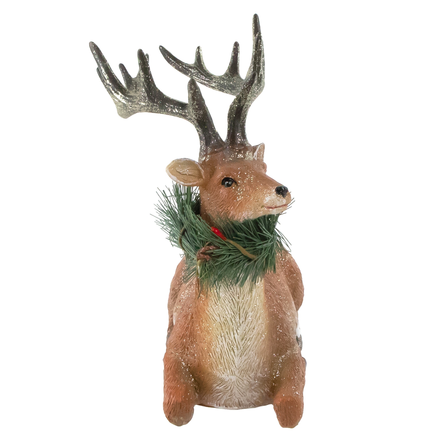 Glittered Sitting Deer with Pine Neck Wreath Christmas Decoration - 10"
