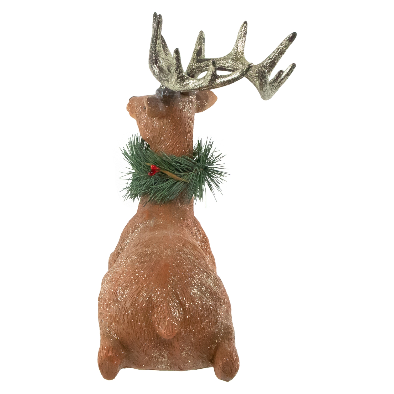 Glittered Sitting Deer with Pine Neck Wreath Christmas Decoration - 10"
