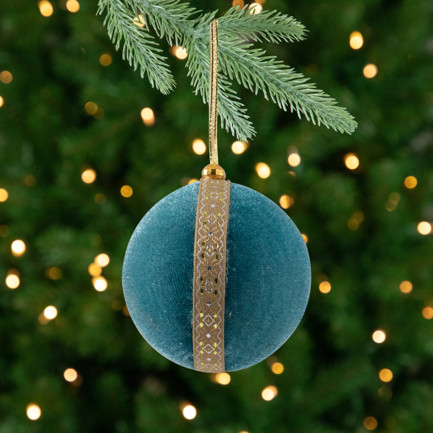 Velour Christmas Ball Ornament with Ribbon Stripe - 3.25" - Teal Green