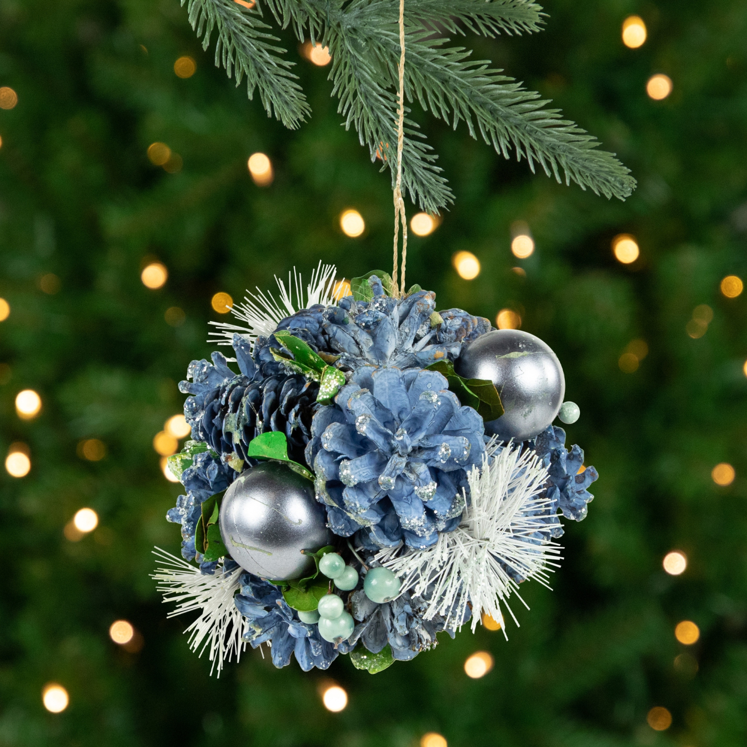 Frosted Pinecone and Berries Christmas Ball Ornament - 5.5" - Blue